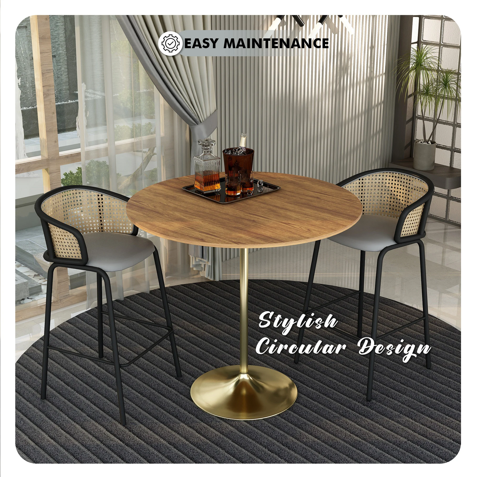 Verve Collection Modern Bar Height Table Brushed Gold Base with 48" Round Cognac Brown MDF Top