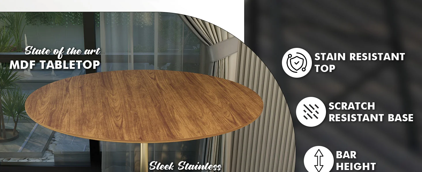Verve Collection Modern Bar Height Table Brushed Gold Base with 48" Round Cognac Brown MDF Top
