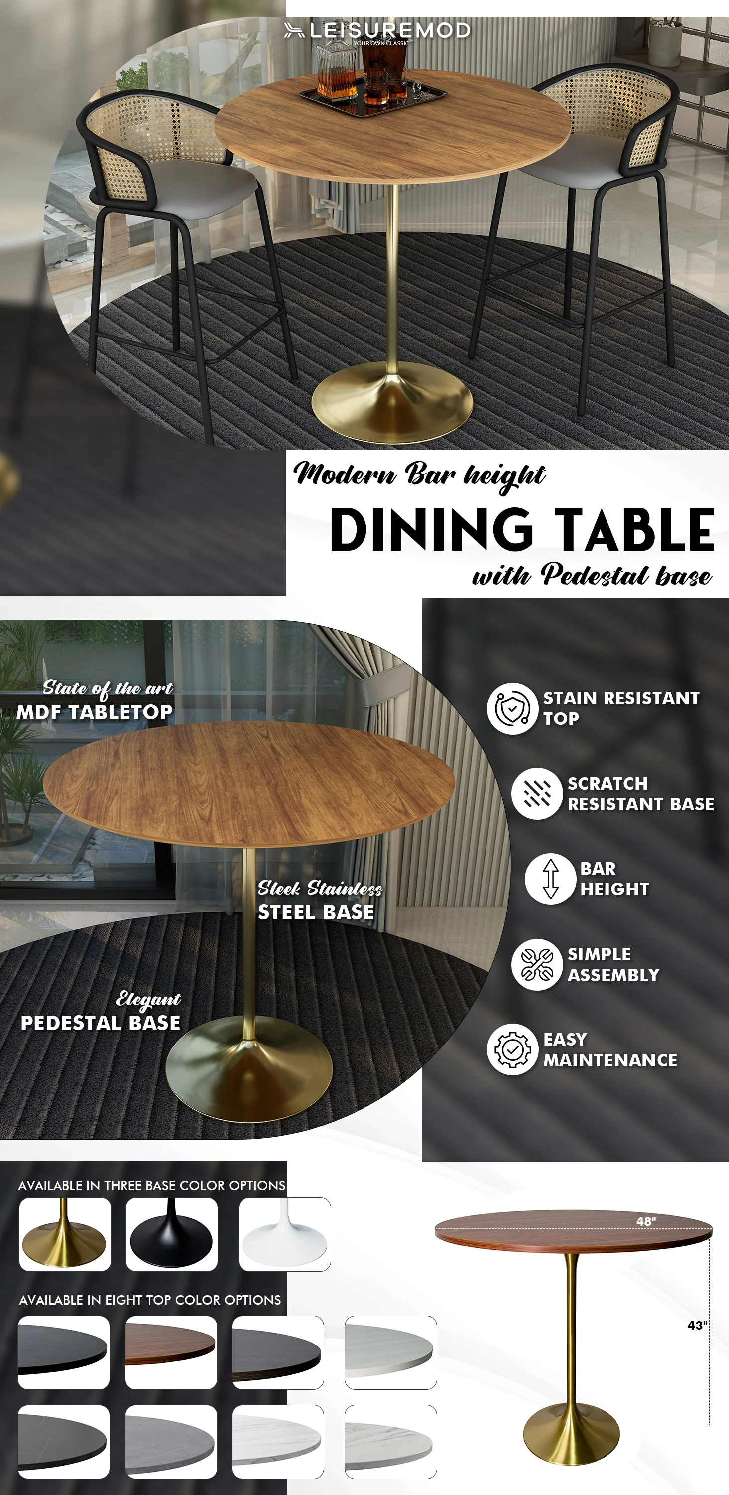 Verve Collection Modern Bar Height Table Brushed Gold Base with 48" Round Cognac Brown MDF Top