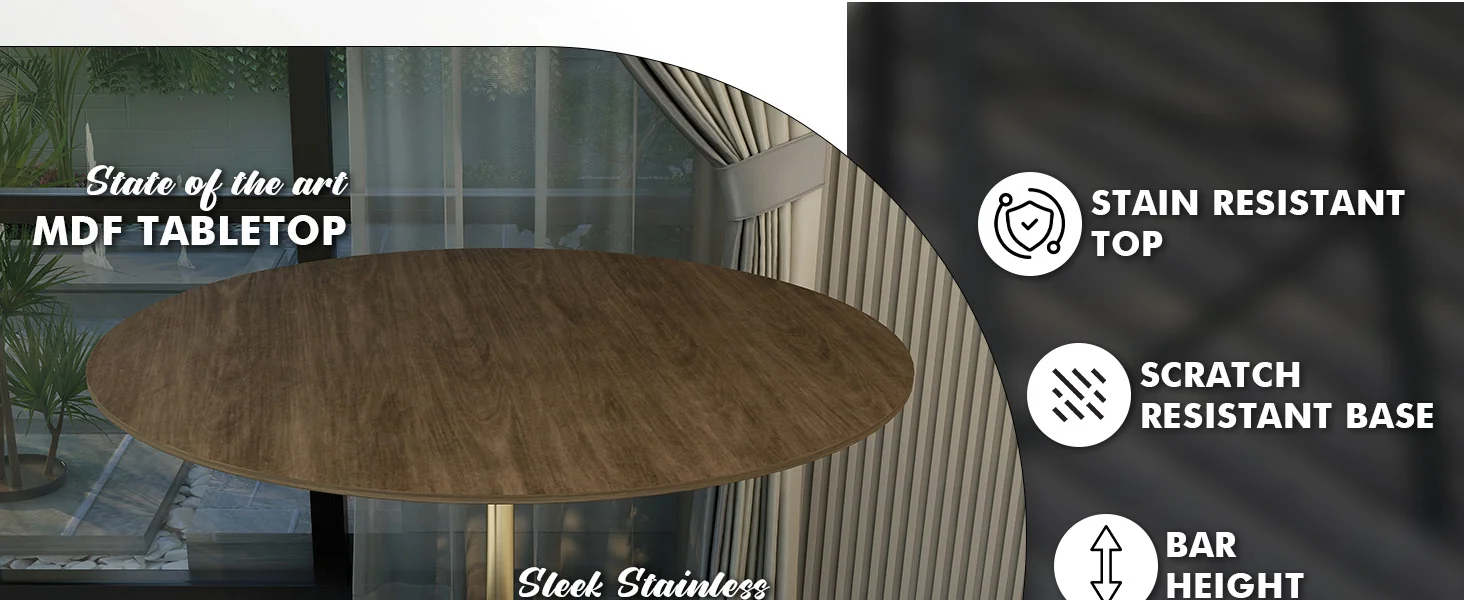 Verve Collection Modern Bar Height Table Brushed Gold Base with 48" Round Dark Walnut MDF Top