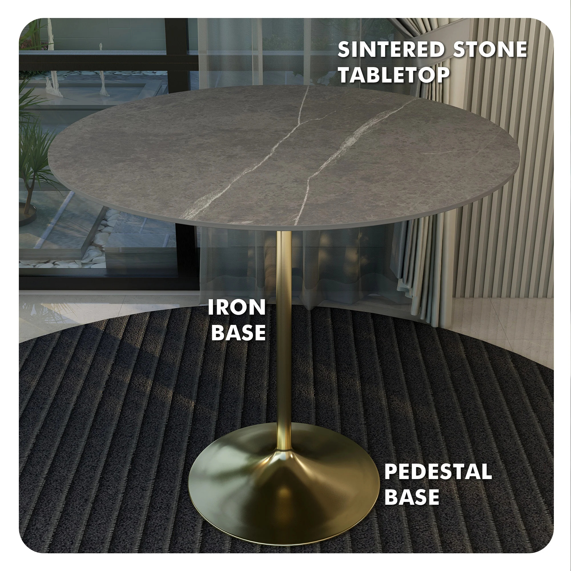 Verve Collection Modern Bar Height Table Brushed Gold Base with 48" Round Marble Grey Sintered Stone Top