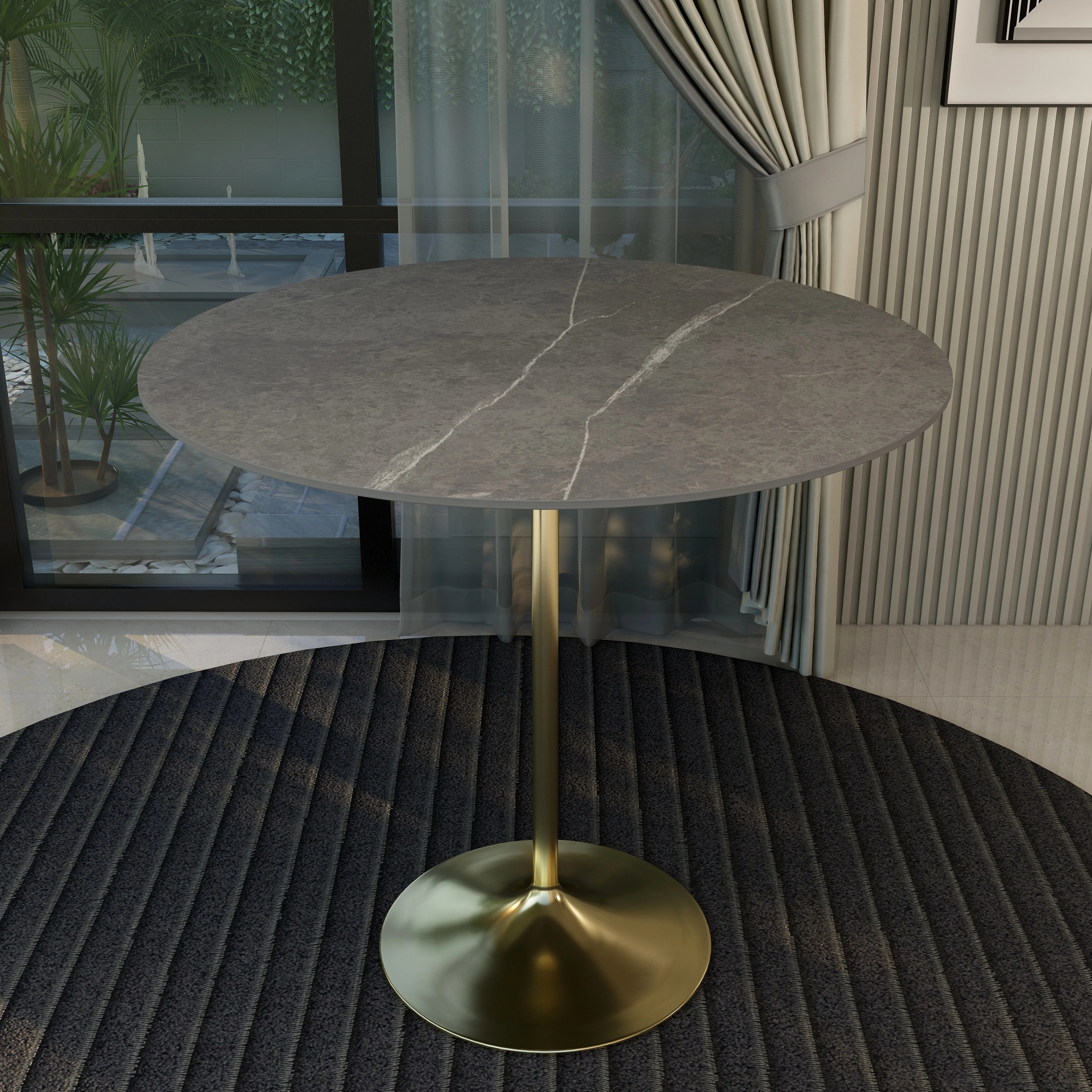 Verve Collection Modern Bar Height Table Brushed Gold Base with 48" Round Marble Grey Sintered Stone Top