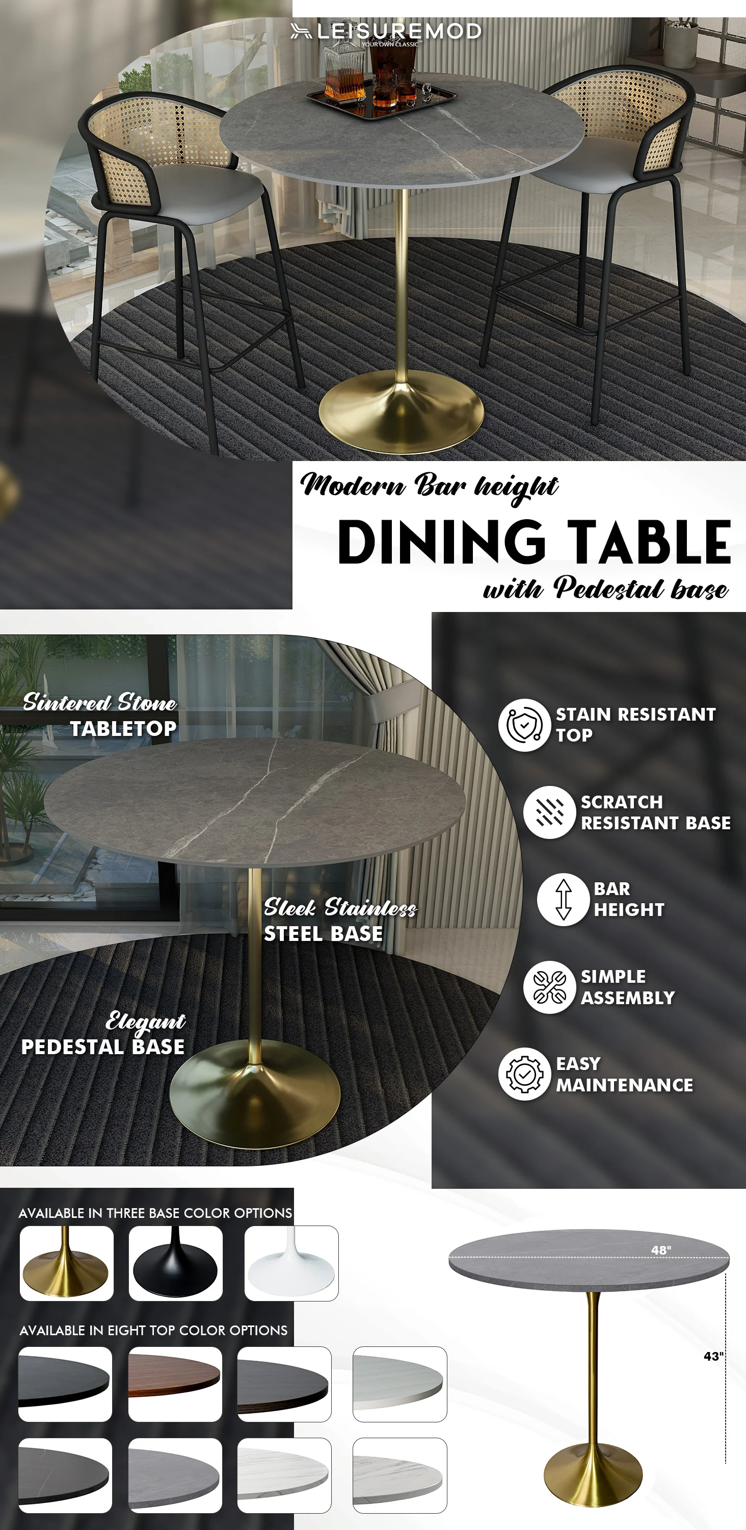 Verve Collection Modern Bar Height Table Brushed Gold Base with 48" Round Marble Grey Sintered Stone Top