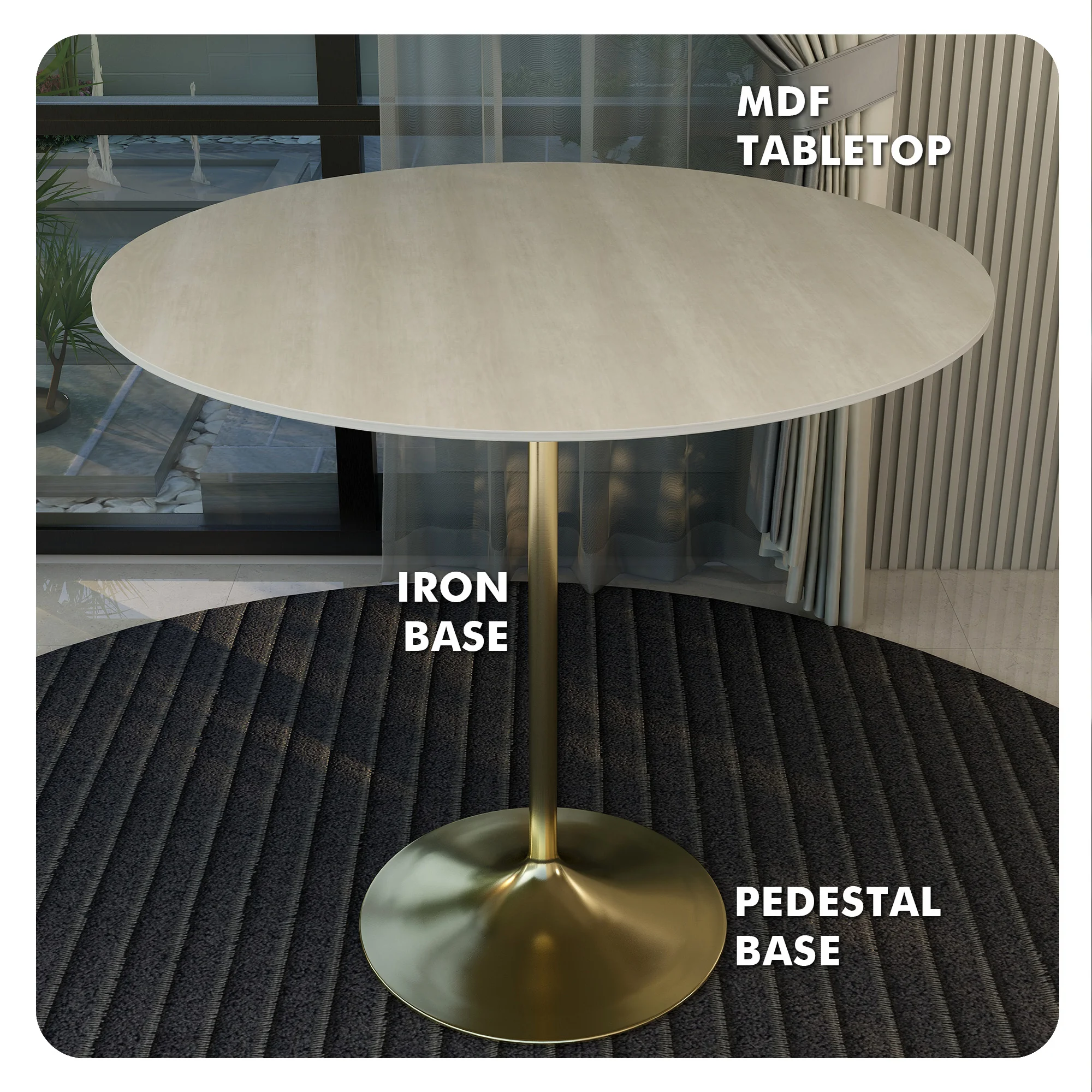 Verve Collection Modern Bar Height Table Brushed Gold Base with 48" Round Light Natural Wood MDF Top