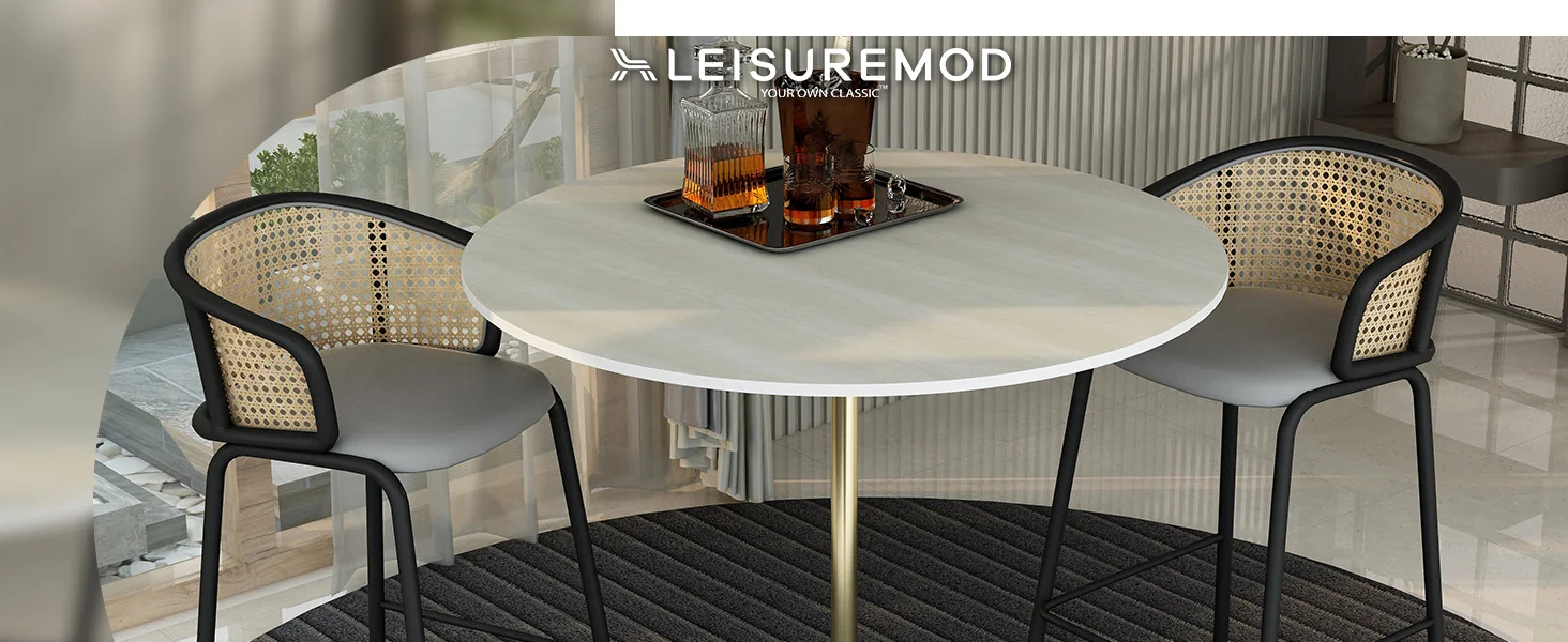 Verve Collection Modern Bar Height Table Brushed Gold Base with 48" Round Light Natural Wood MDF Top