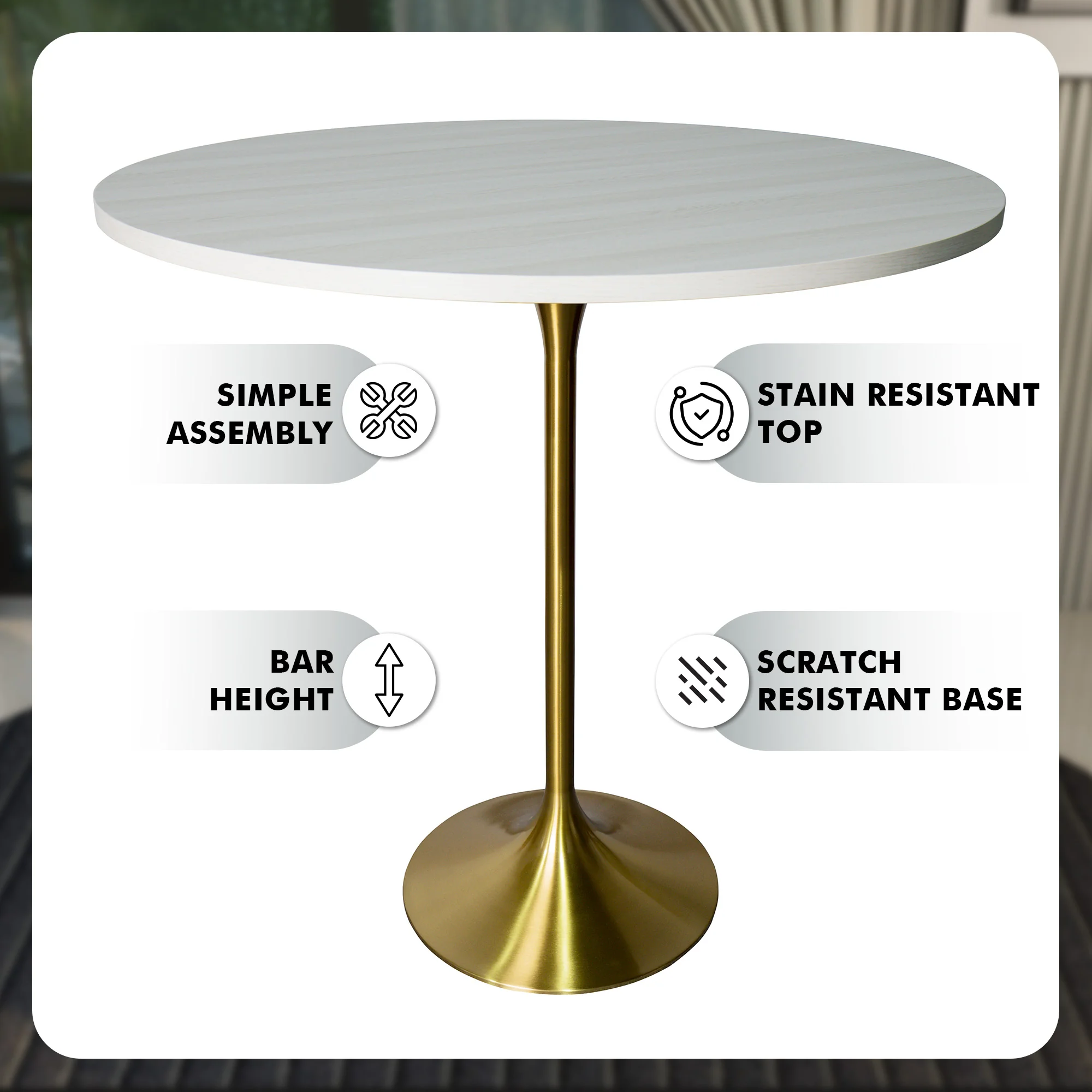 Verve Collection Modern Bar Height Table Brushed Gold Base with 48" Round Light Natural Wood MDF Top