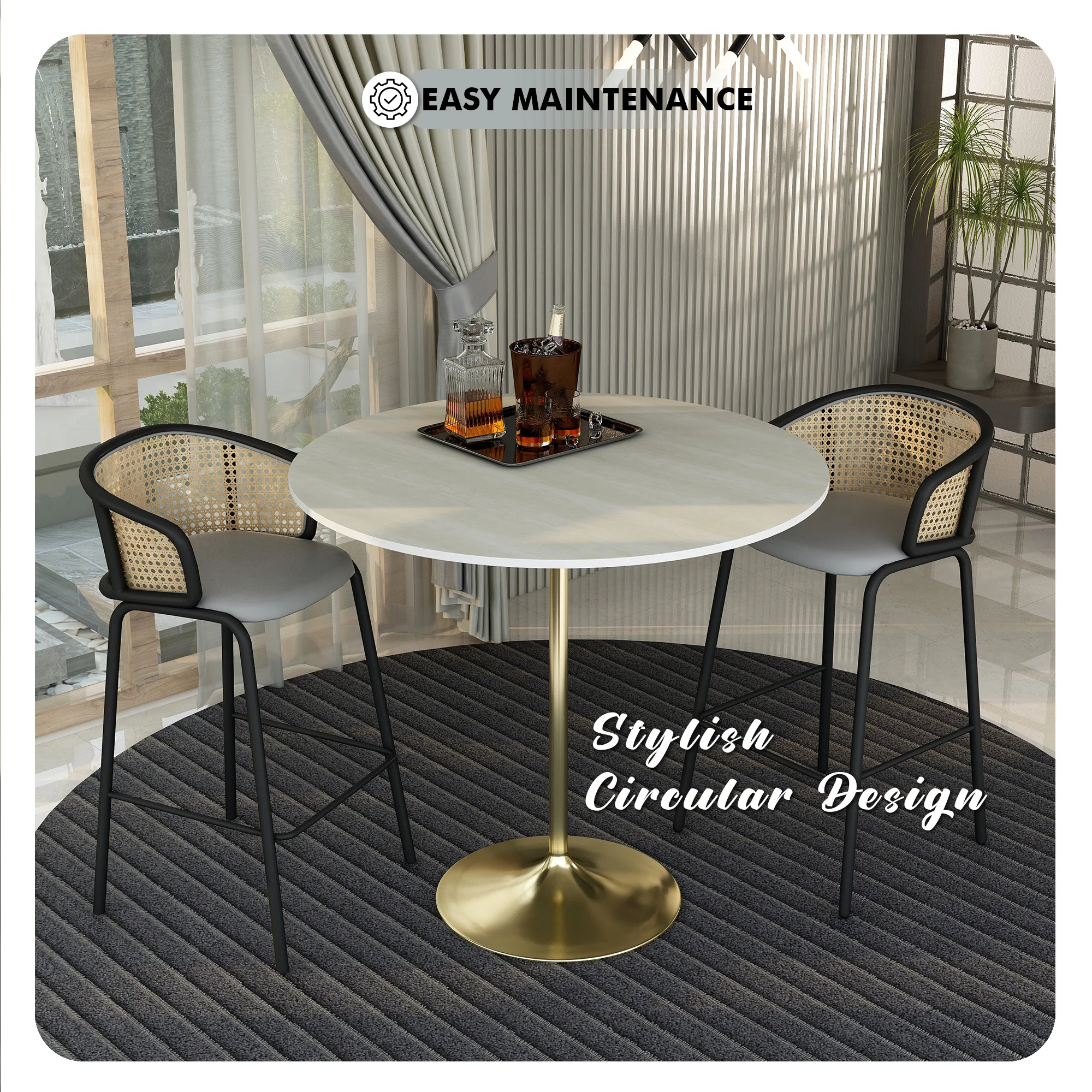 Verve Collection Modern Bar Height Table Brushed Gold Base with 48" Round Light Natural Wood MDF Top