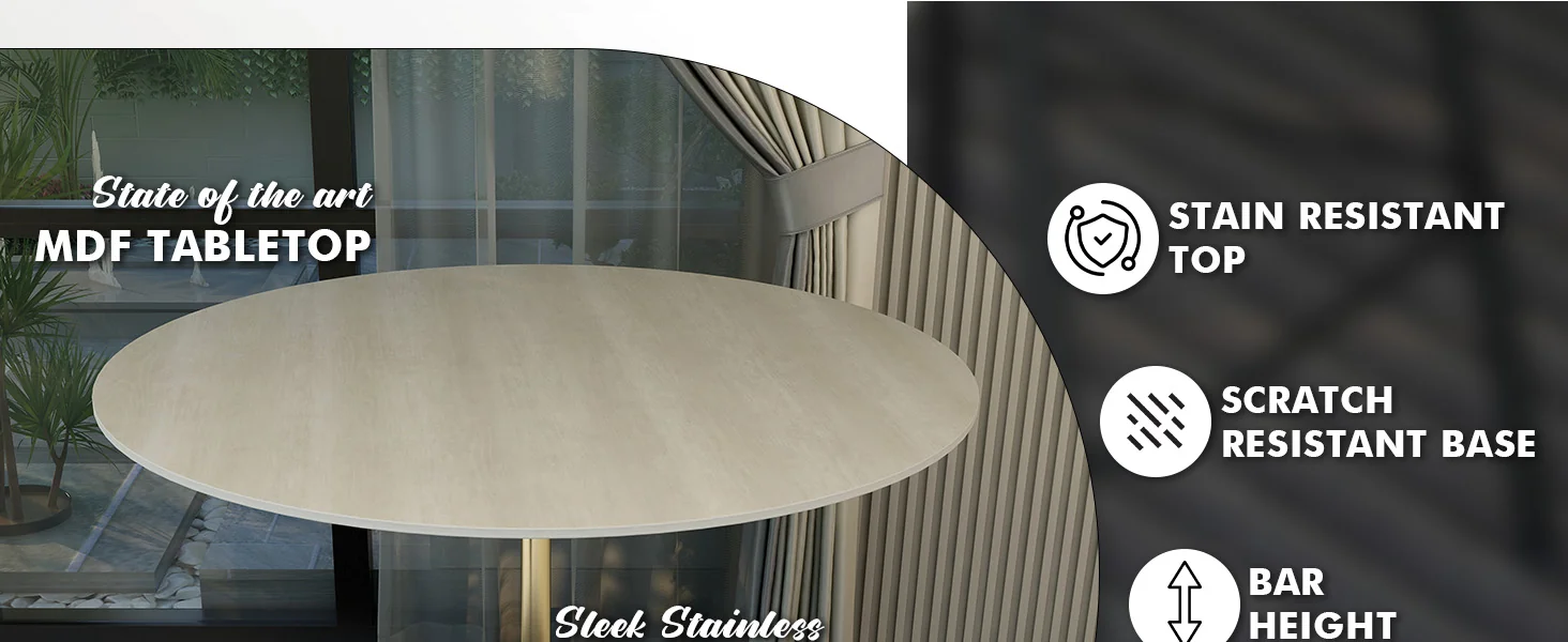 Verve Collection Modern Bar Height Table Brushed Gold Base with 48" Round Light Natural Wood MDF Top