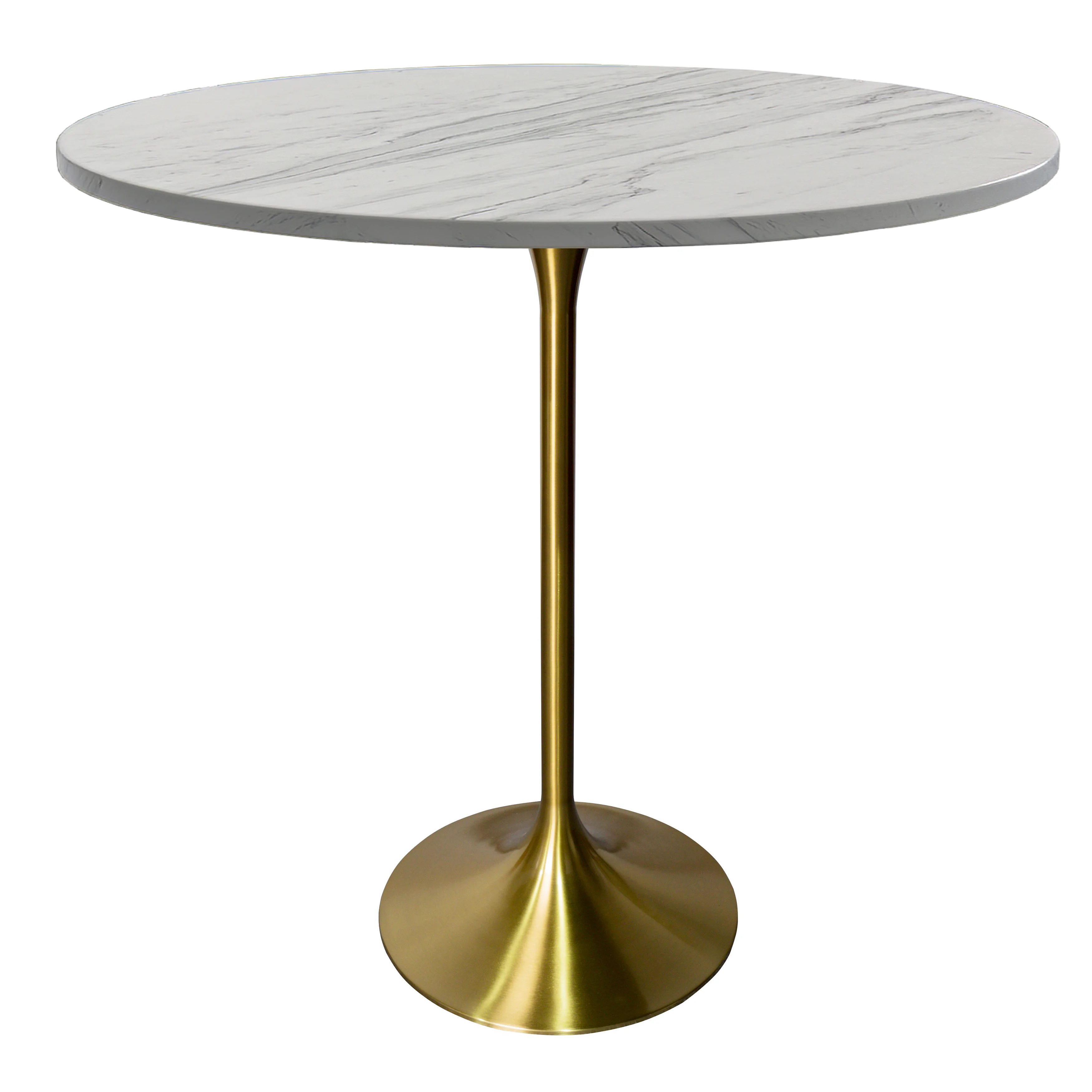 Verve Collection Modern Bar Height Table Brushed Gold Base with 48" Round Marbleized White Laminated Top