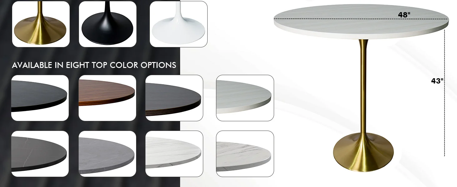 Verve Collection Modern Bar Height Table Brushed Gold Base with 48" Round Marbleized White Laminated Top