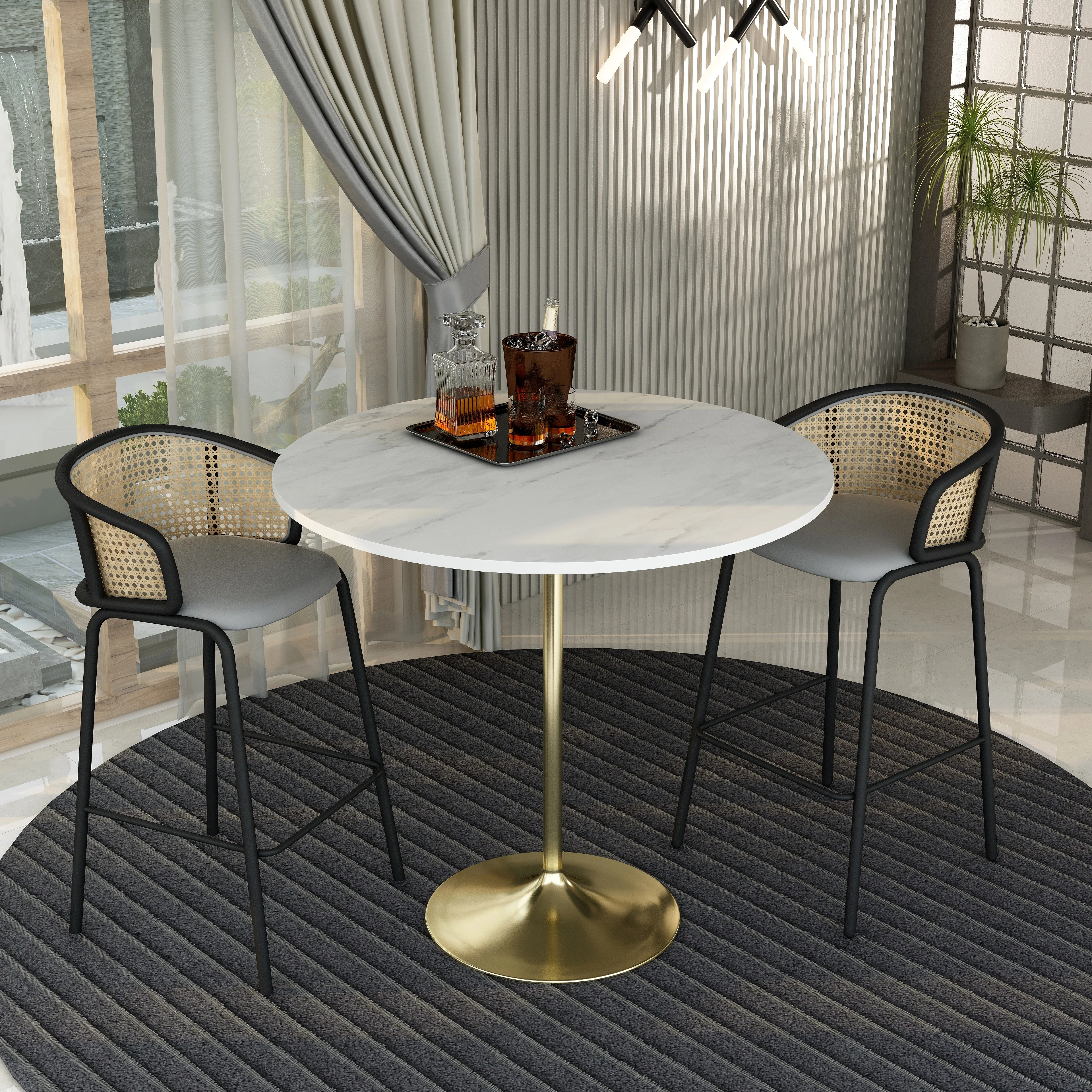 Verve Collection Modern Bar Height Table Brushed Gold Base with 48" Round Marbleized White Laminated Top