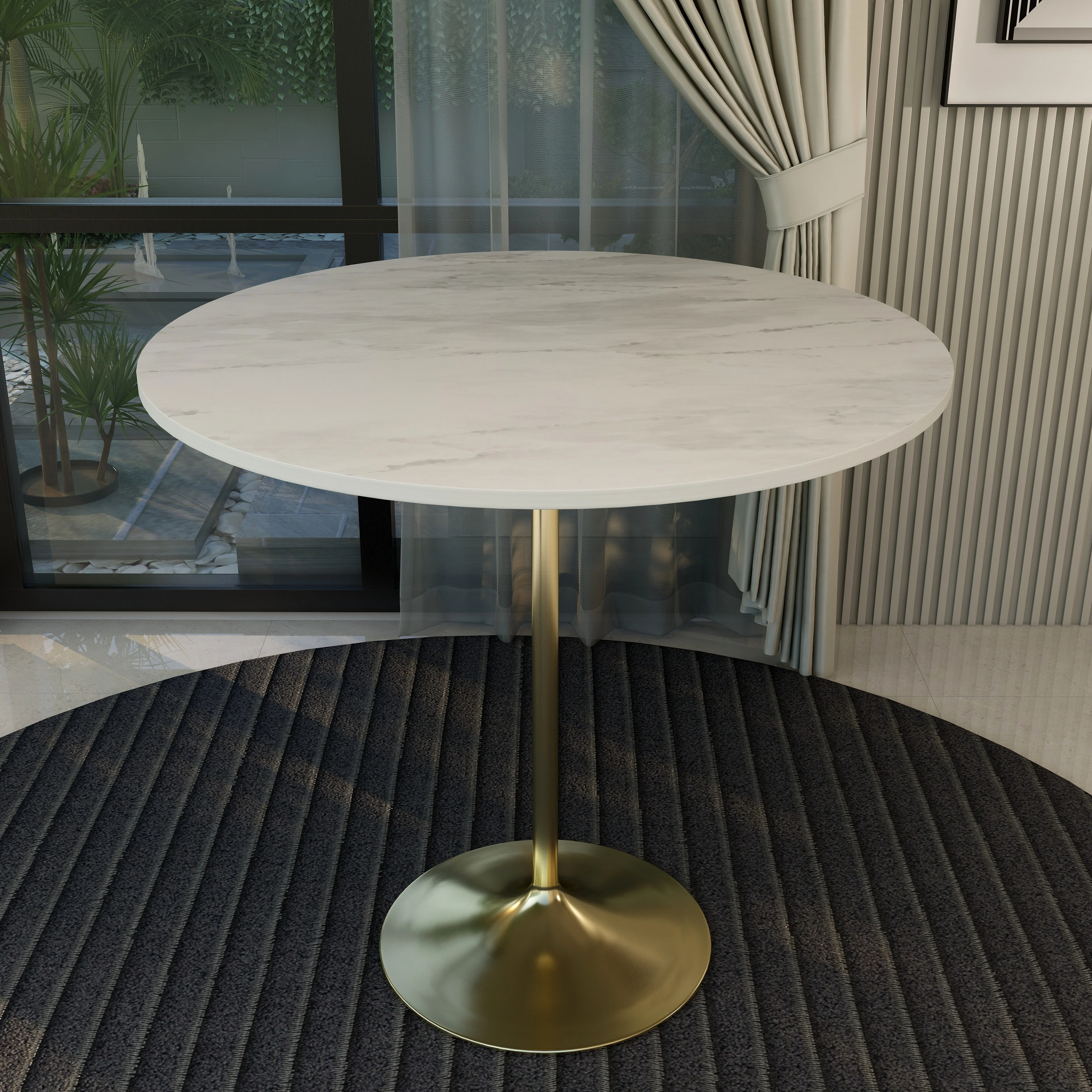 Verve Collection Modern Bar Height Table Brushed Gold Base with 48" Round Marbleized White Laminated Top