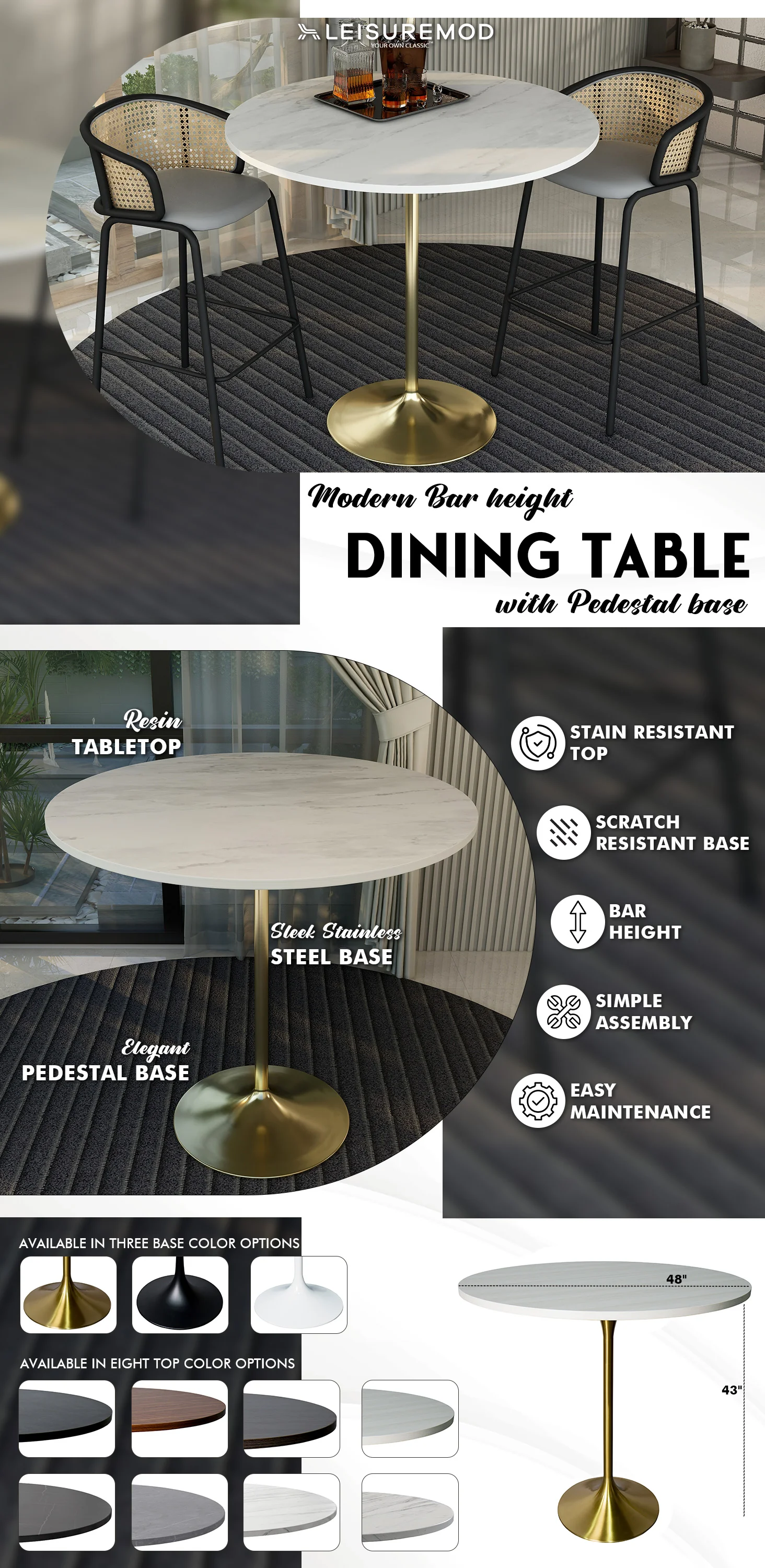 Verve Collection Modern Bar Height Table Brushed Gold Base with 48" Round Marbleized White Laminated Top