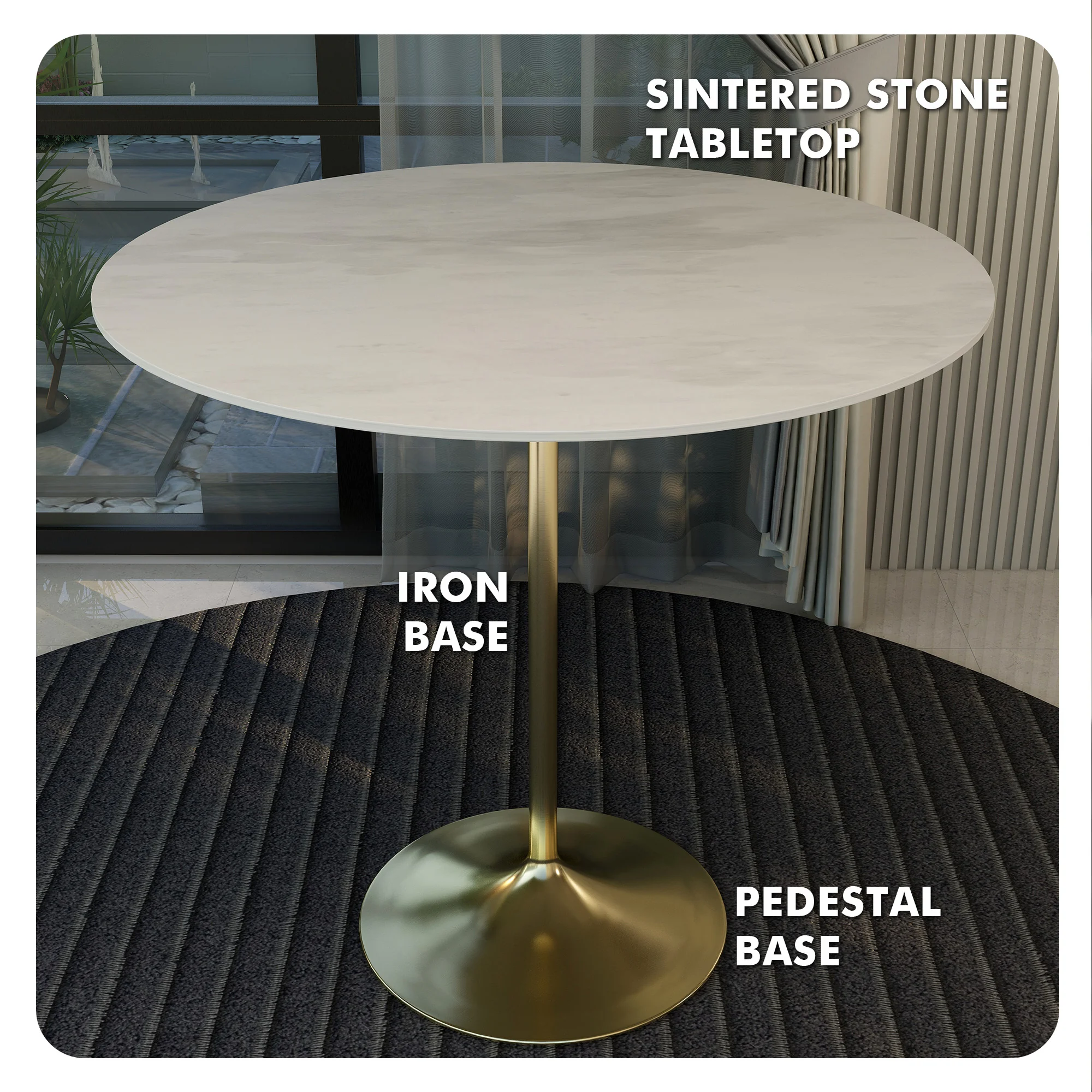 Verve Collection Modern Bar Height Table Brushed Gold Base with 48" Round Marble White Sintered Stone Top