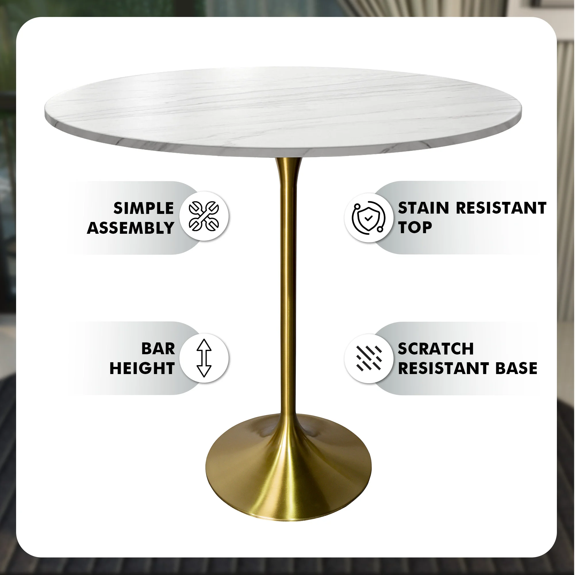 Verve Collection Modern Bar Height Table Brushed Gold Base with 48" Round Marble White Sintered Stone Top