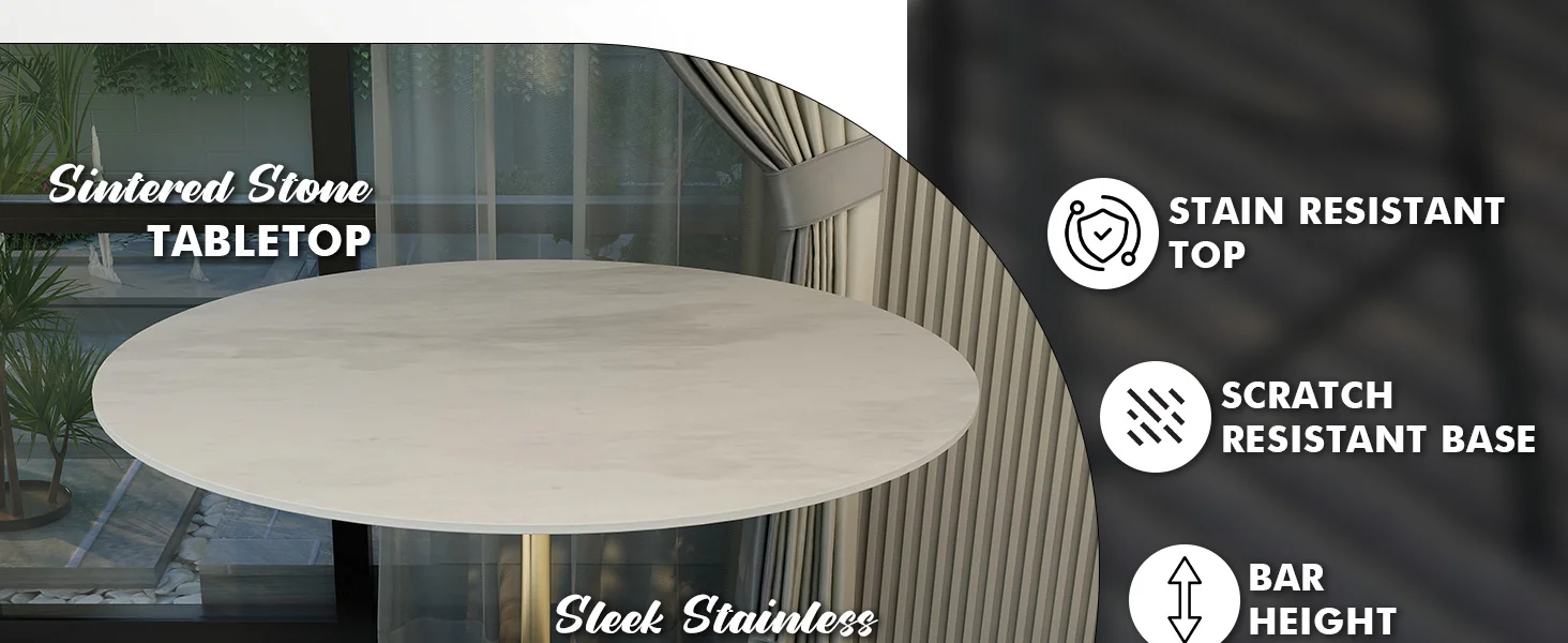 Verve Collection Modern Bar Height Table Brushed Gold Base with 48" Round Marble White Sintered Stone Top