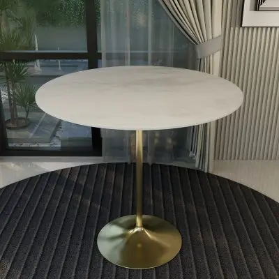 Verve Collection Modern Bar Height Table Brushed Gold Base with 48" Round Marble White Sintered Stone Top