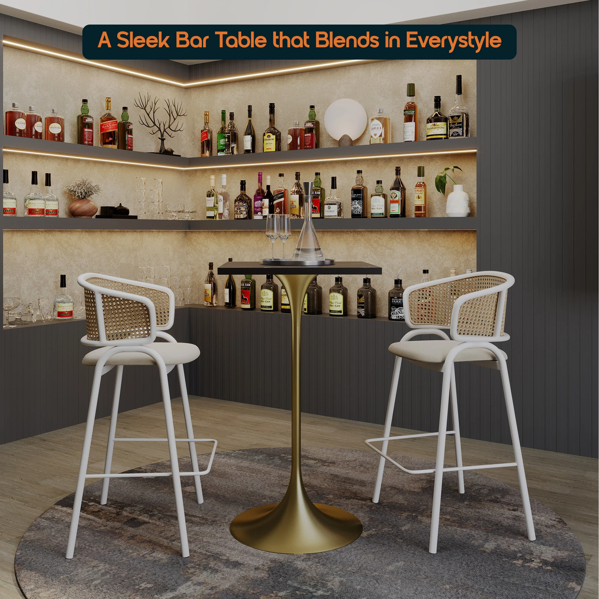 Verve Collection 24 Square Top Bar Height Table, Brushed Gold Base with Black MDF Top