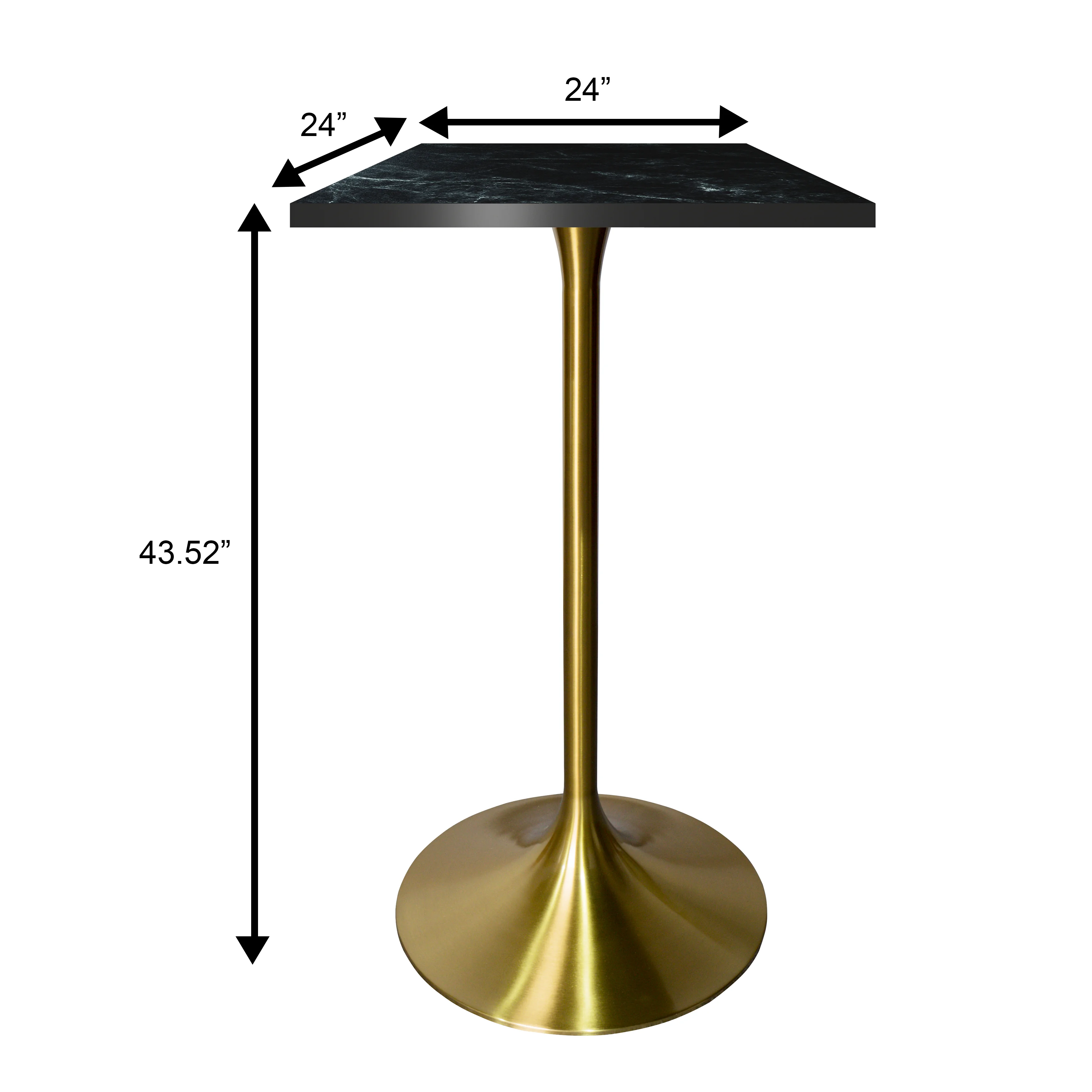 Verve Collection 24 Square Top Bar Height Table, Brushed Gold Base with Black MDF Top