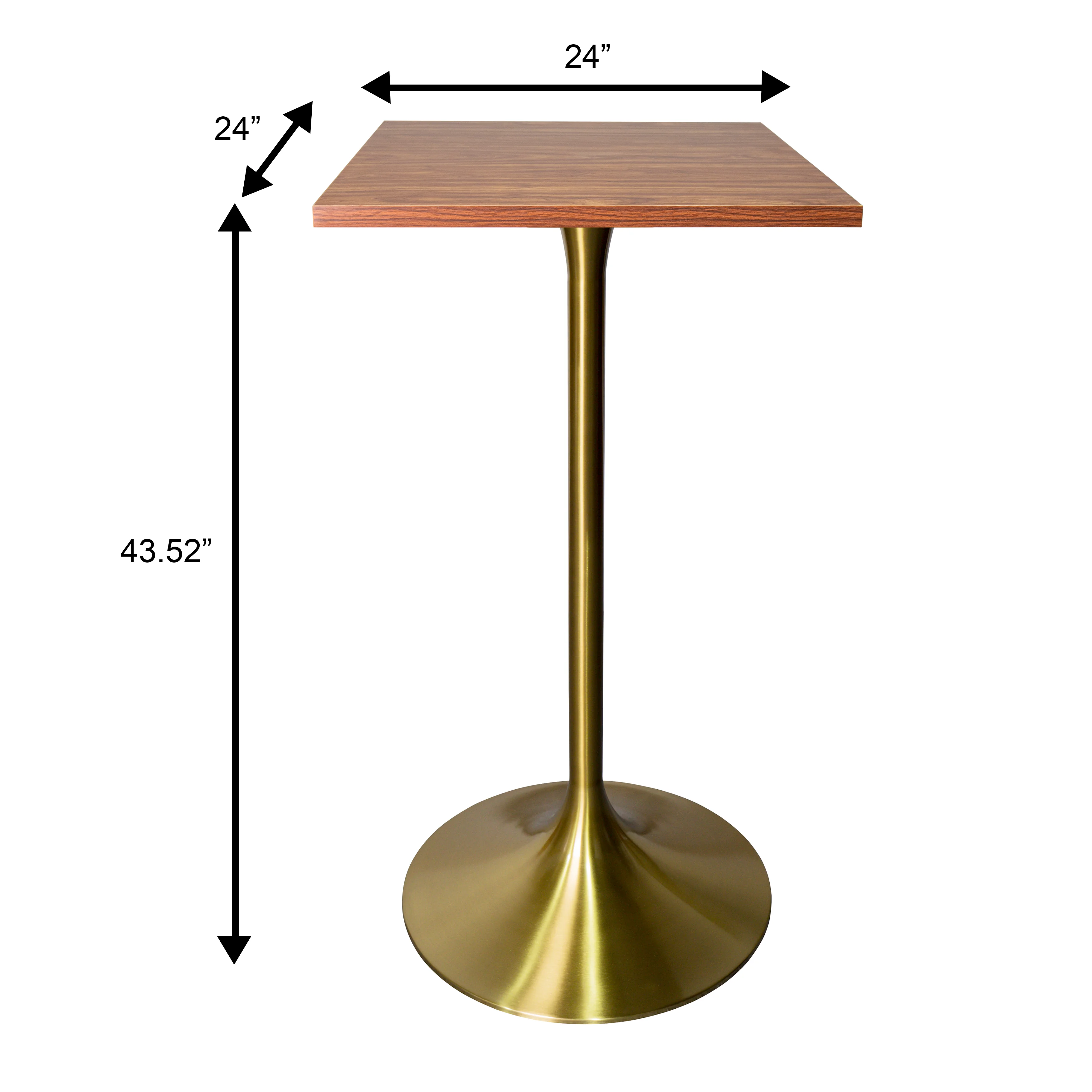 Verve Collection 24 Square Top Bar Height Table, Brushed Gold Base with Cognac Brown MDF Top