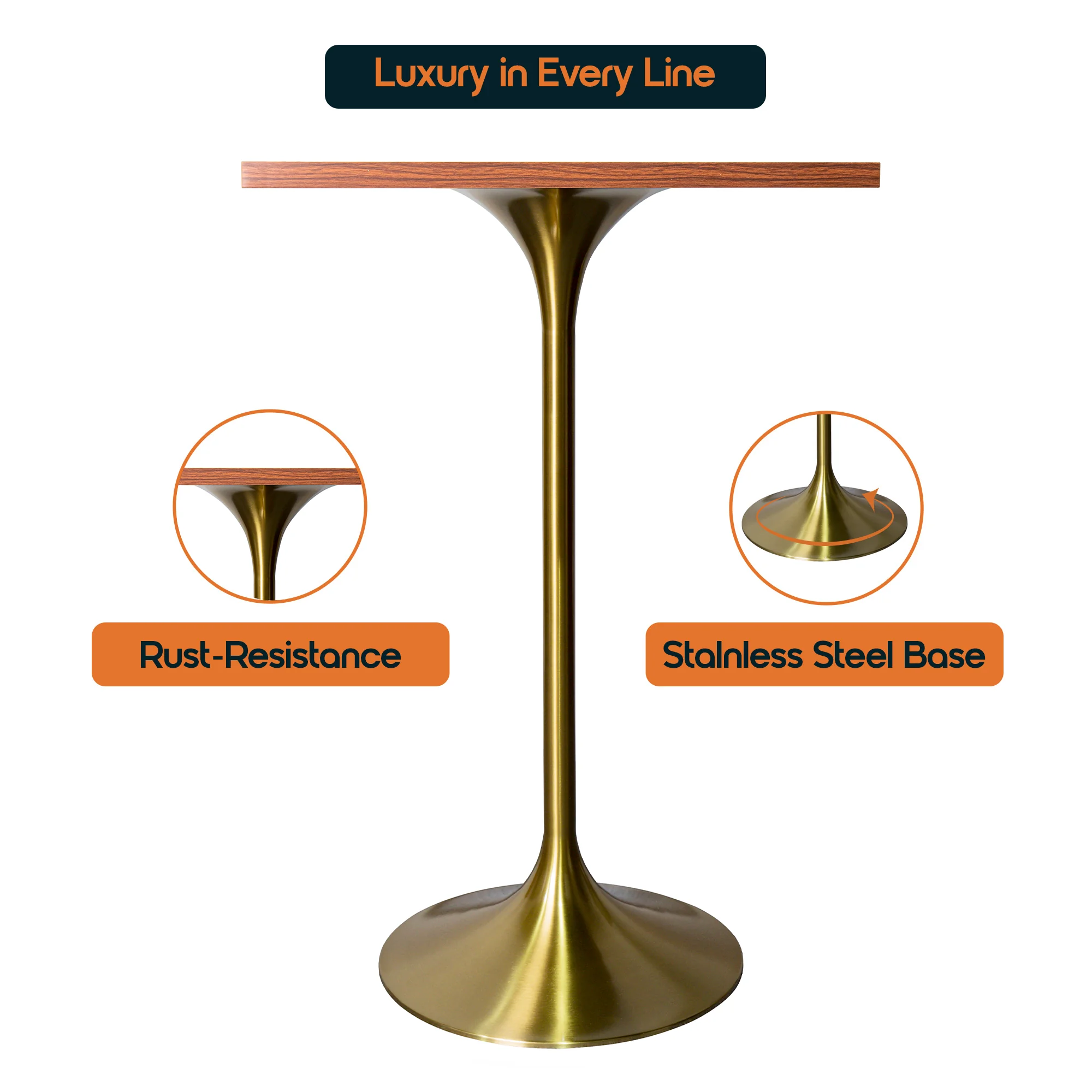 Verve Collection 24 Square Top Bar Height Table, Brushed Gold Base with Cognac Brown MDF Top