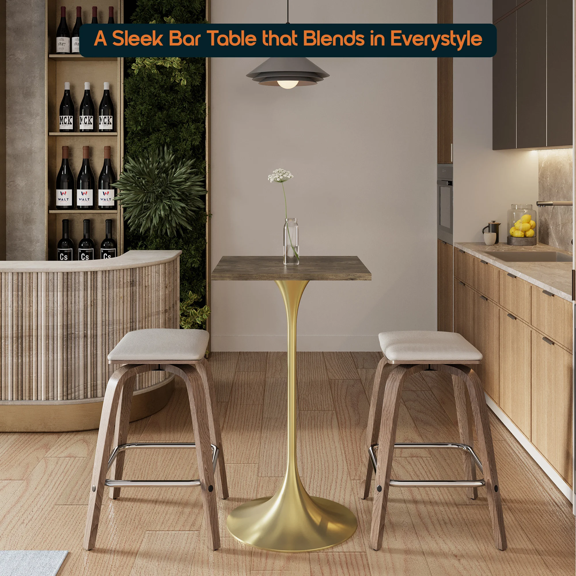 Verve Collection 24 Square Top Bar Height Table, Brushed Gold Base with Dark Maple MDF Top