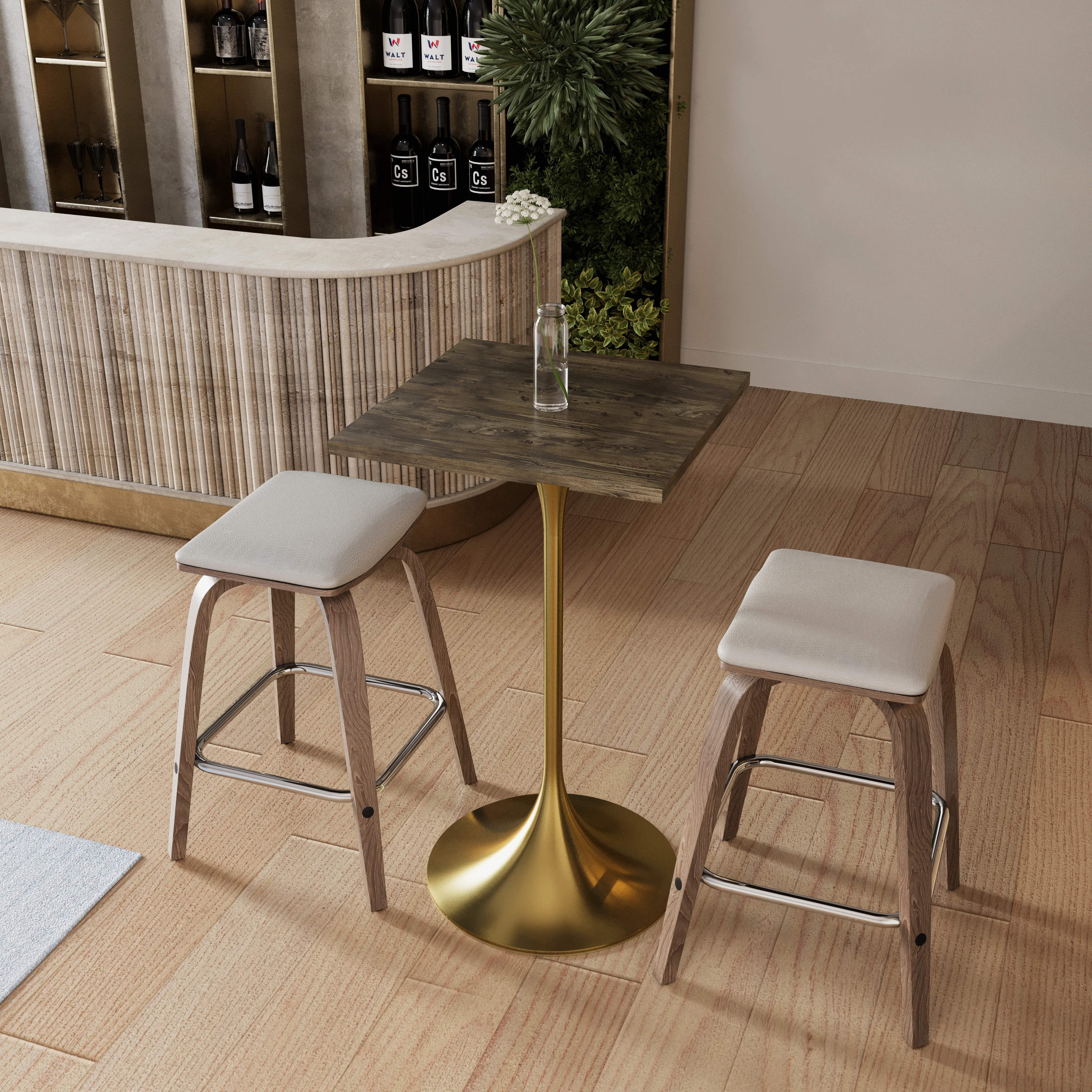 Verve Collection 24 Square Top Bar Height Table, Brushed Gold Base with Dark Maple MDF Top