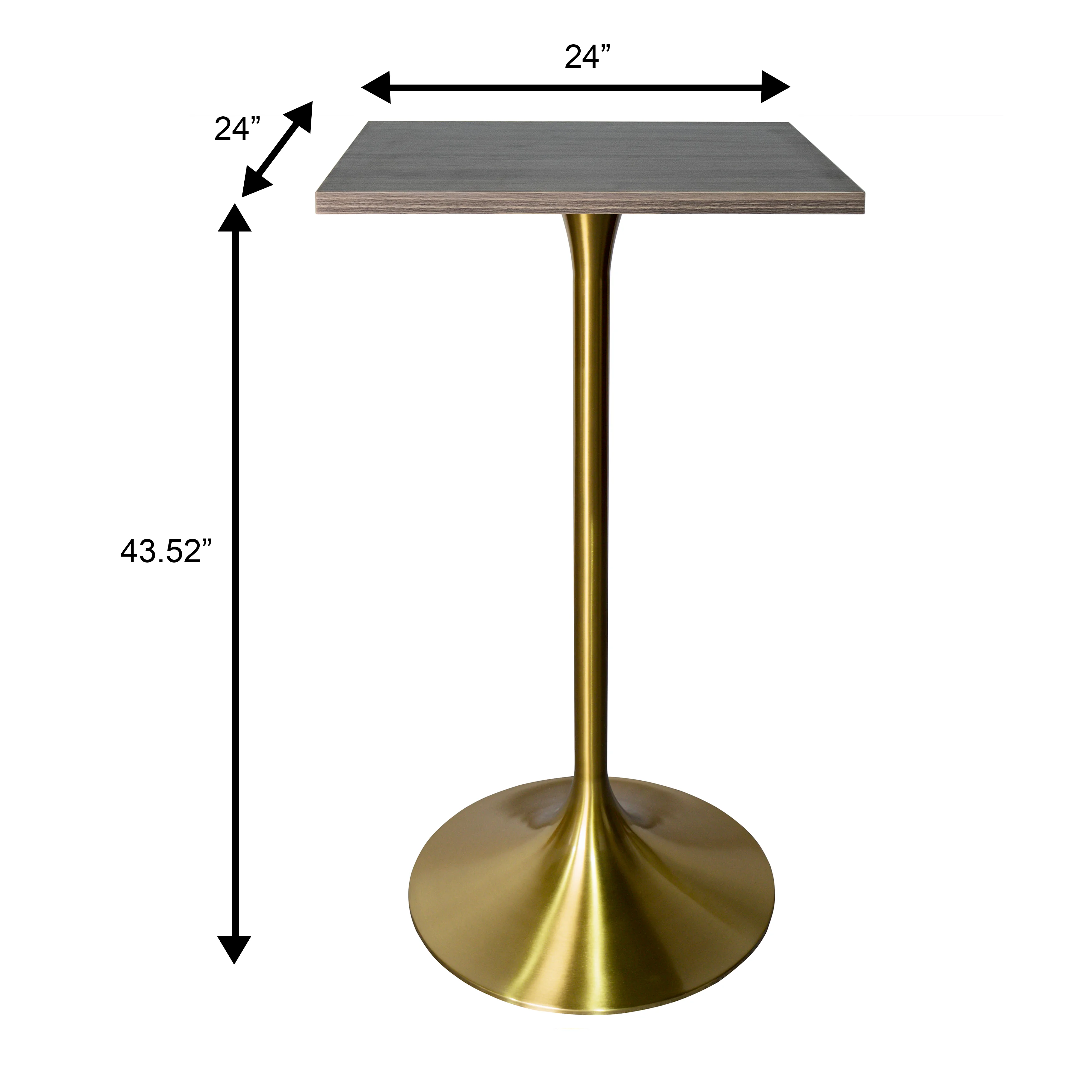 Verve Collection 24 Square Top Bar Height Table, Brushed Gold Base with Dark Maple MDF Top