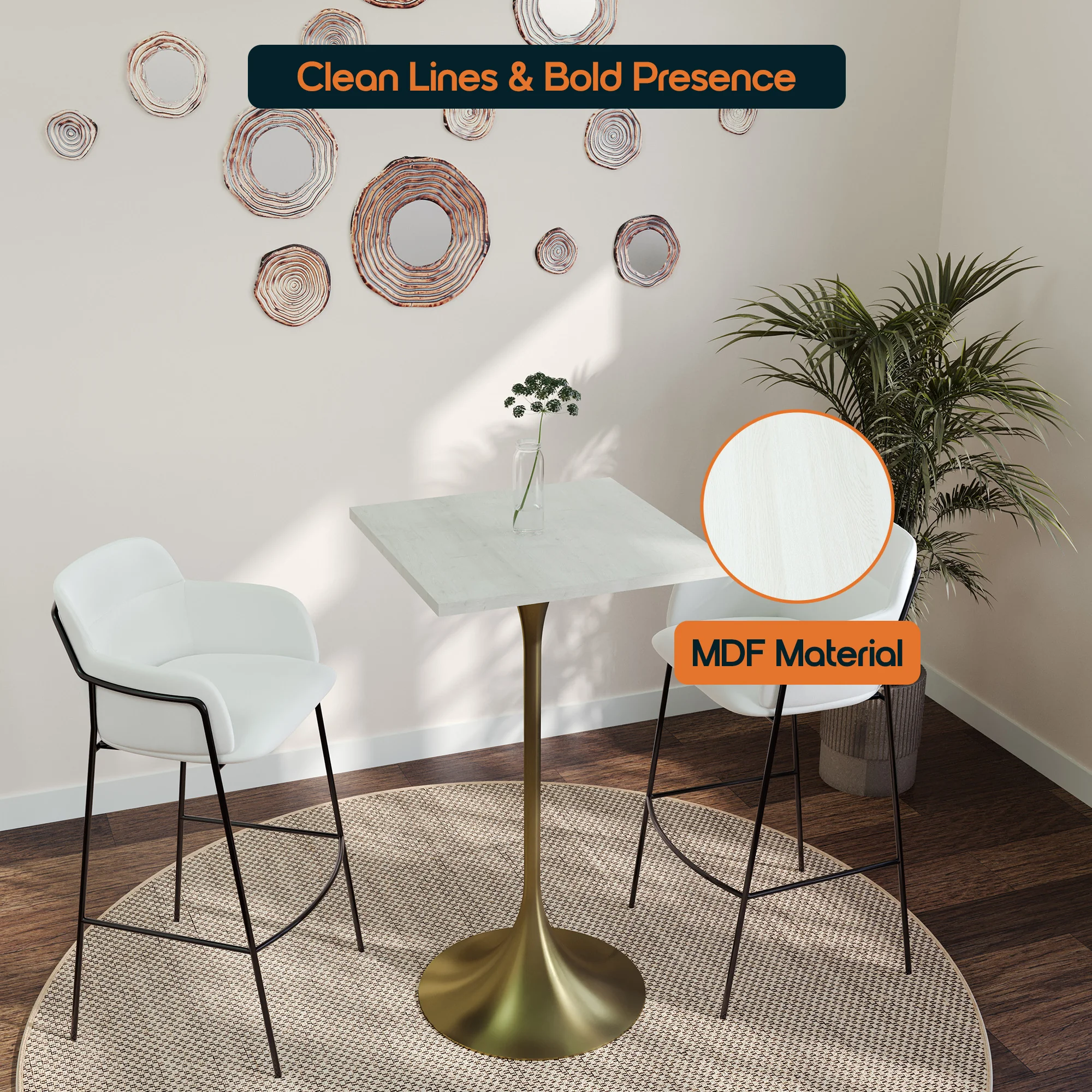 Verve Collection 24 Square Top Bar Height Table, Brushed Gold Base with Light Natural Wood MDF Top