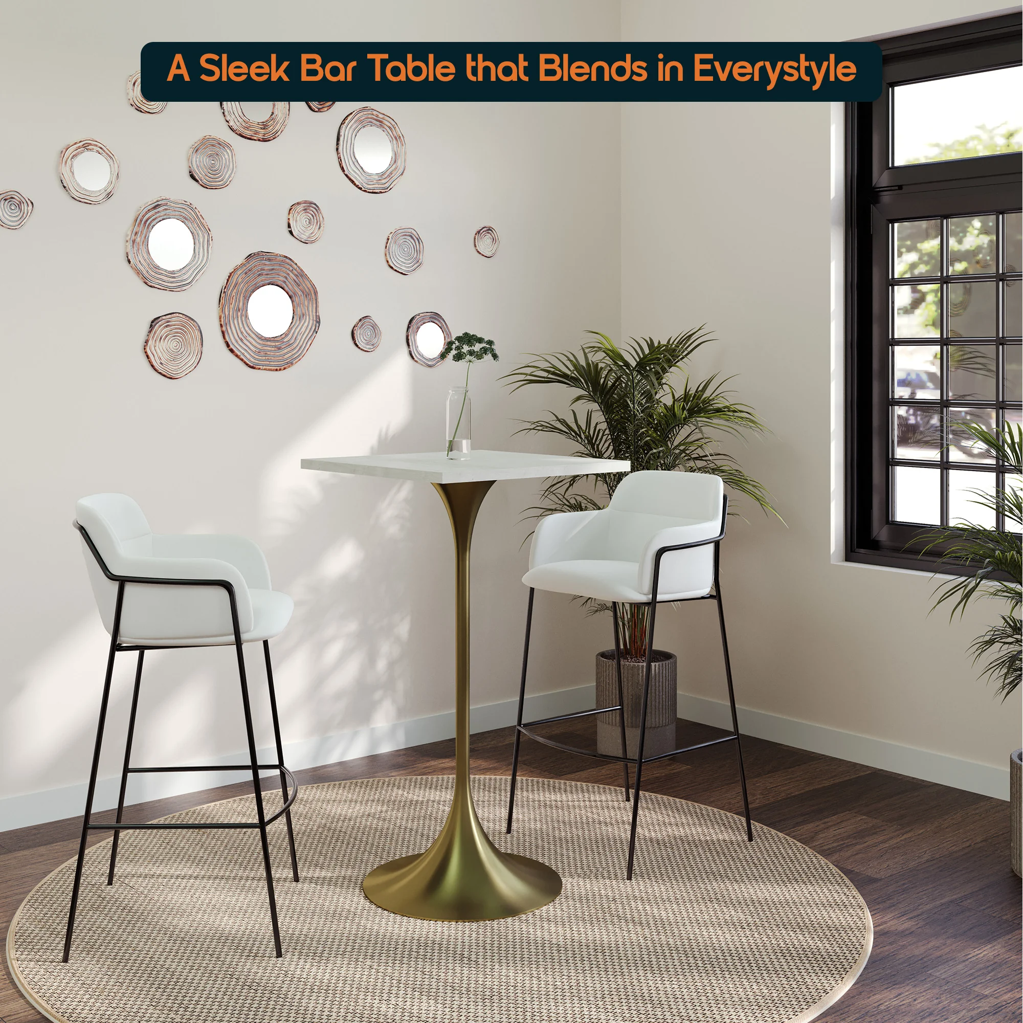 Verve Collection 24 Square Top Bar Height Table, Brushed Gold Base with Light Natural Wood MDF Top