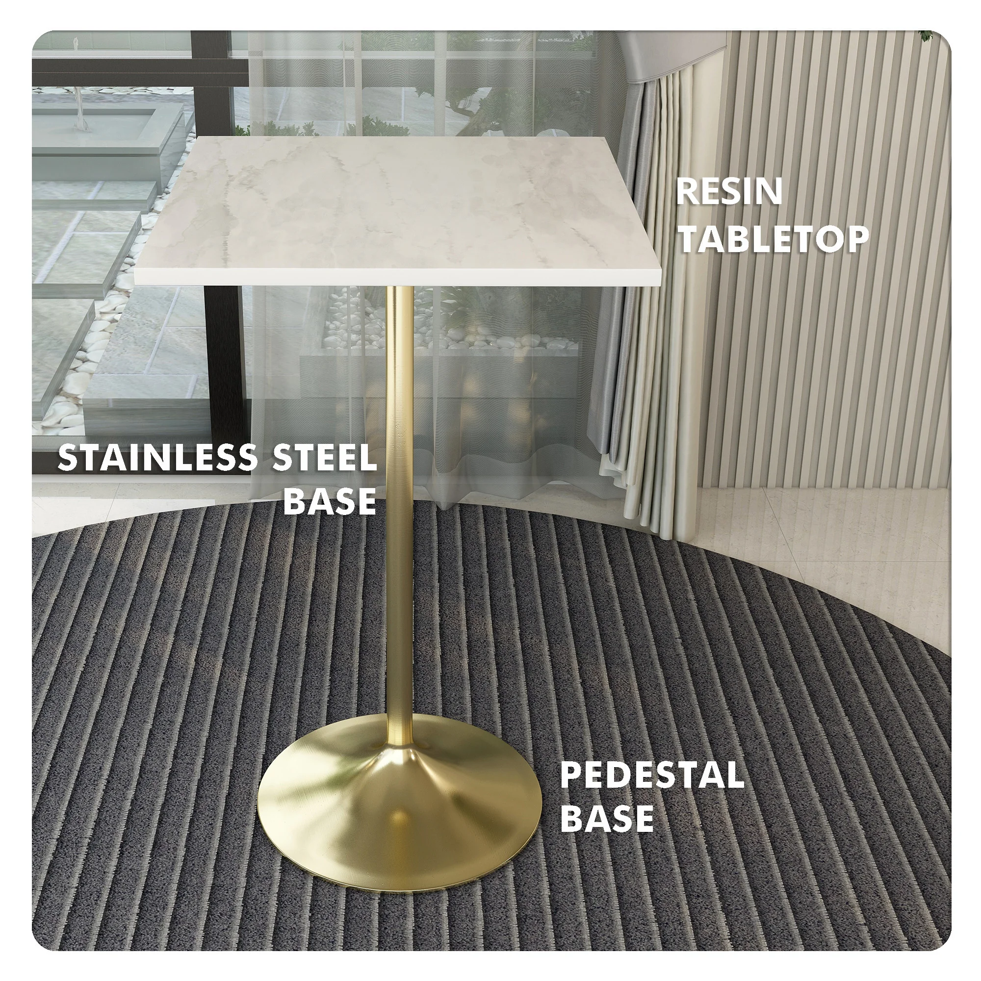 Verve Collection Modern Bar Height Table Brushed Gold Base with 27" Square Marbleized White Laminated  Top