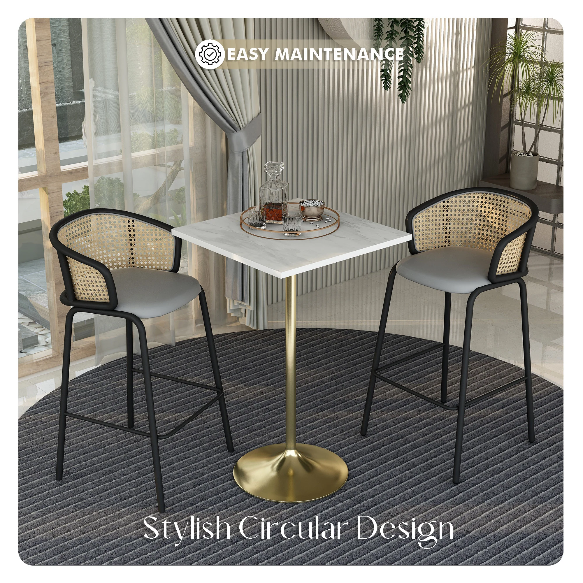 Verve Collection Modern Bar Height Table Brushed Gold Base with 27" Square Marbleized White Laminated  Top