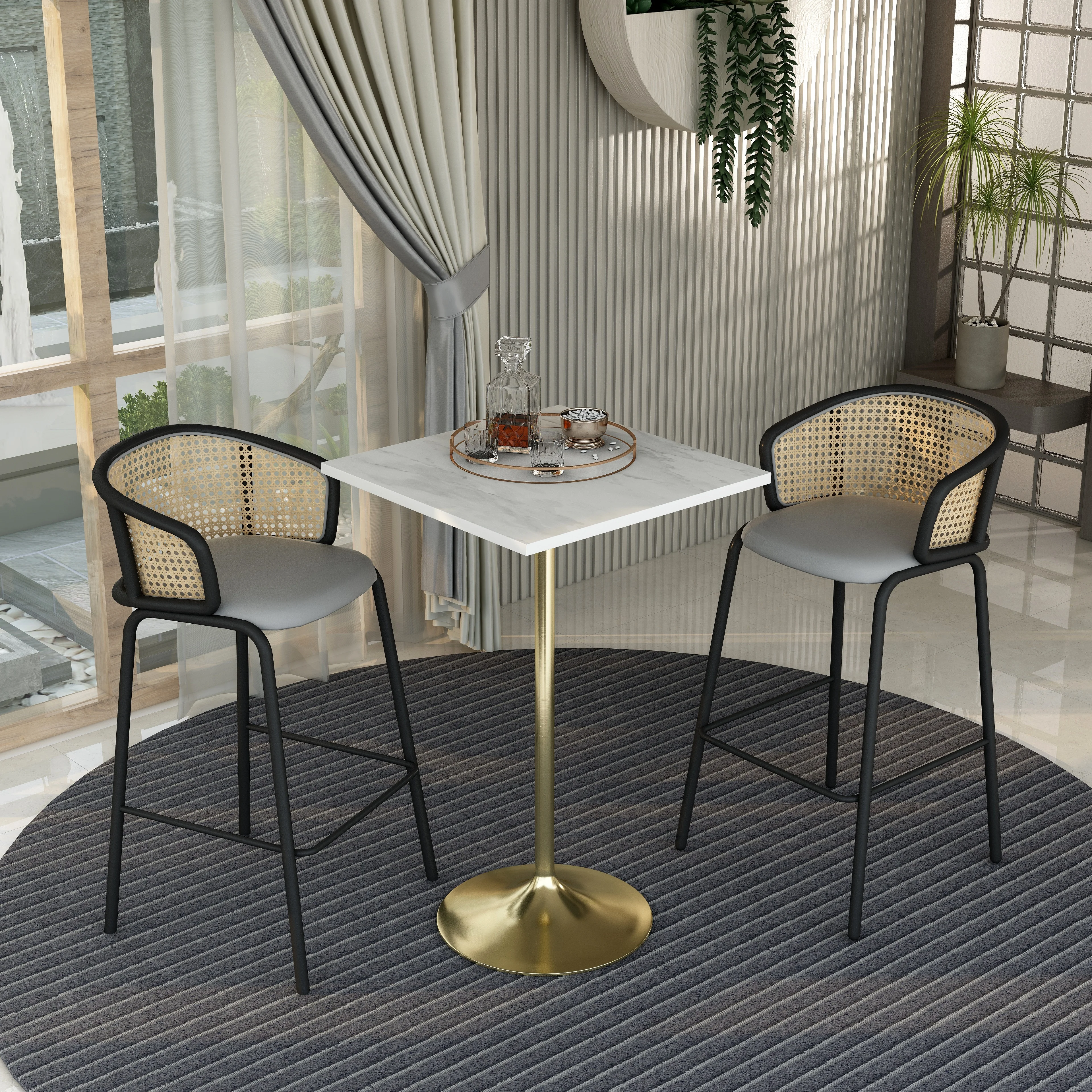 Verve Collection Modern Bar Height Table Brushed Gold Base with 27" Square Marbleized White Laminated  Top