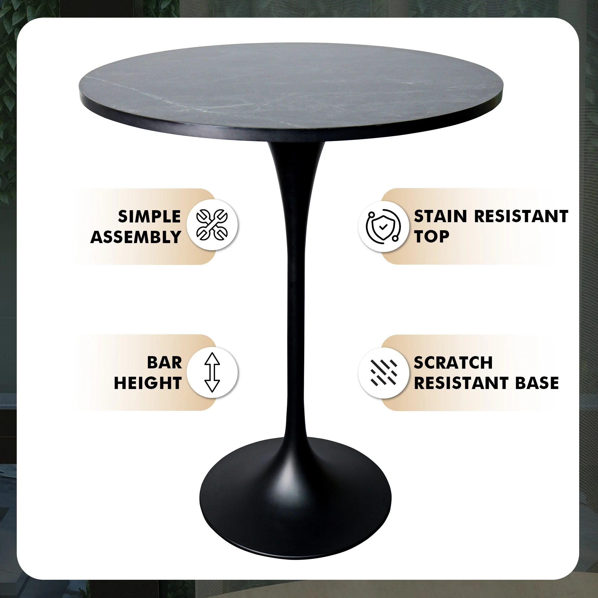 Verve Collection Modern Bar Height Table Black Base with 27" Round Black Marbleized MDF Top