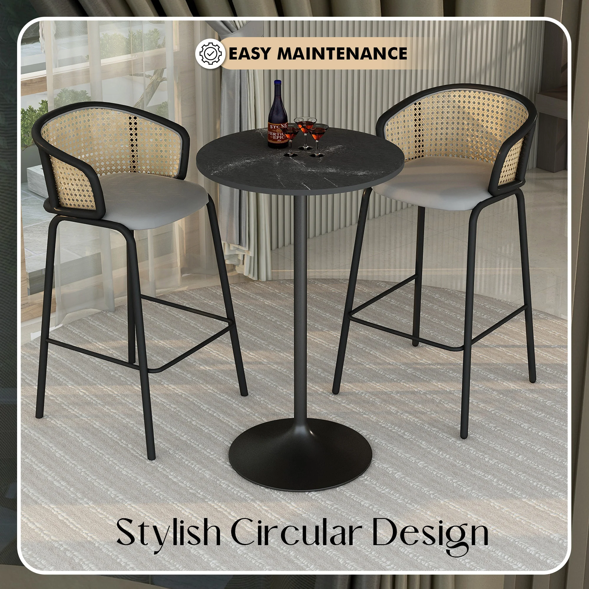 Verve Collection Modern Bar Height Table Black Base with 27" Round Black Marbleized MDF Top