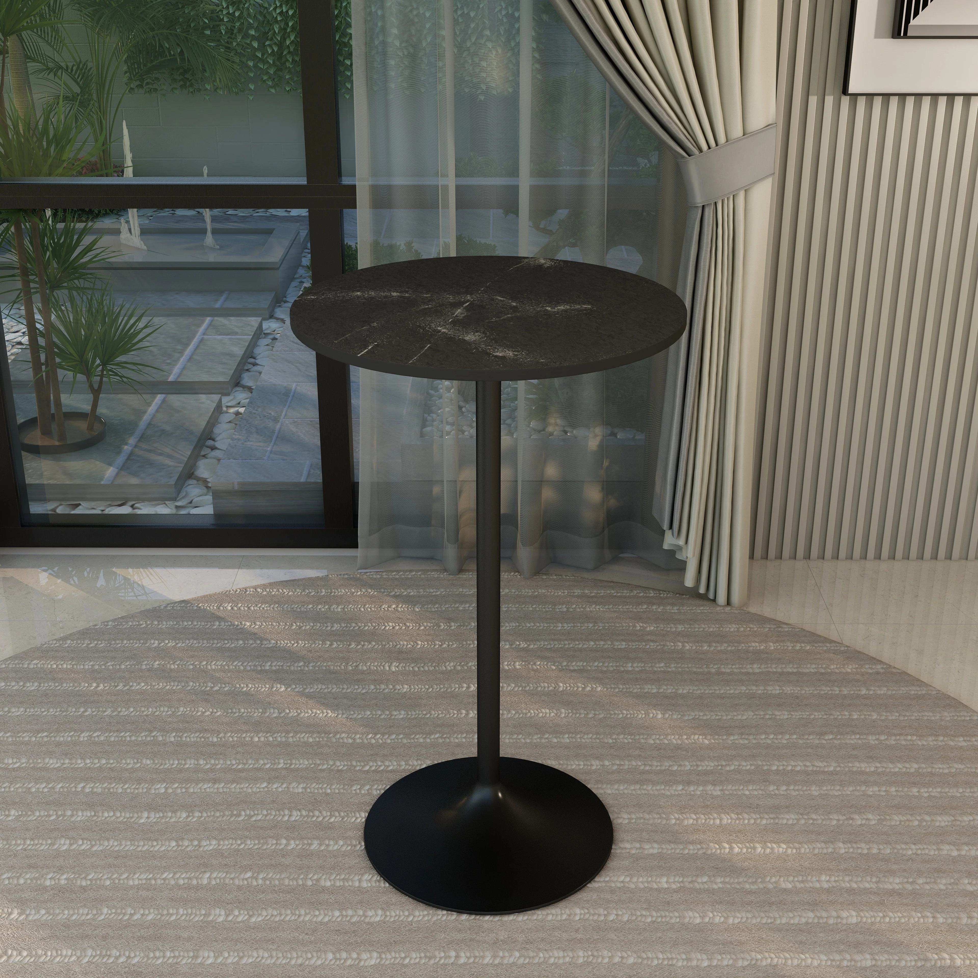 Verve Collection Modern Bar Height Table Black Base with 27" Round Black Marbleized MDF Top