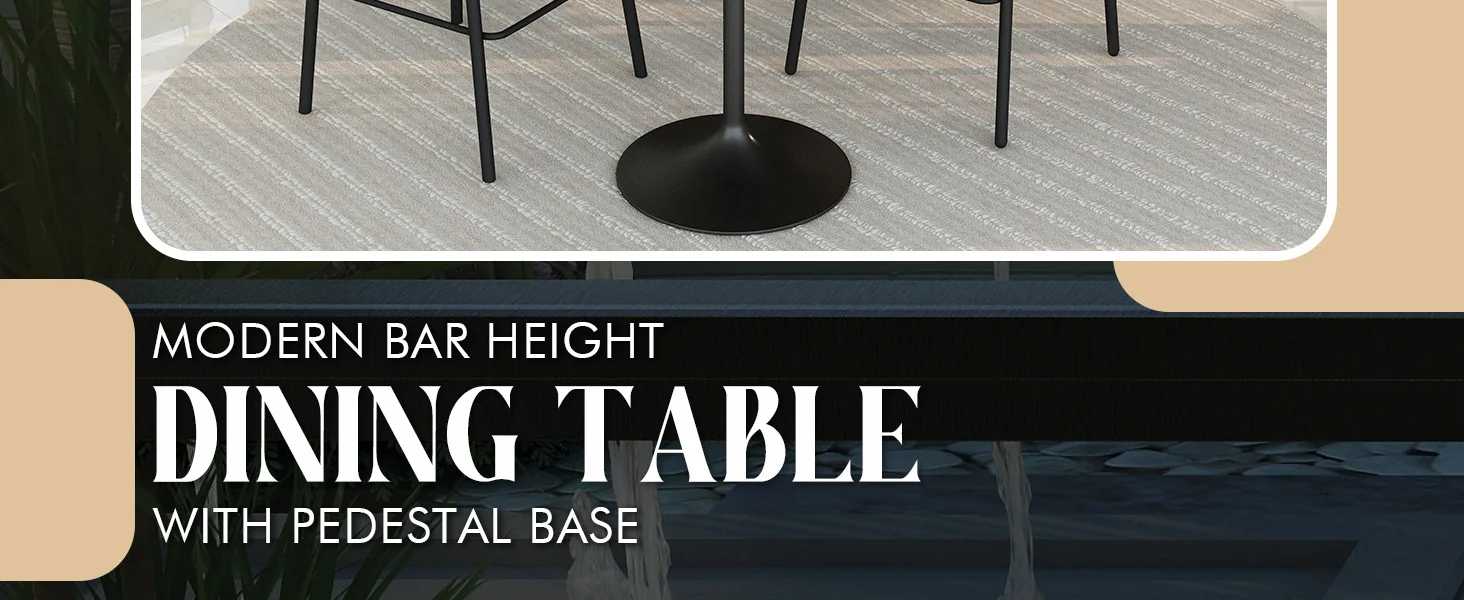 Verve Collection Modern Bar Height Table Black Base with 27" Round Black Marbelized Sintered Stone Top