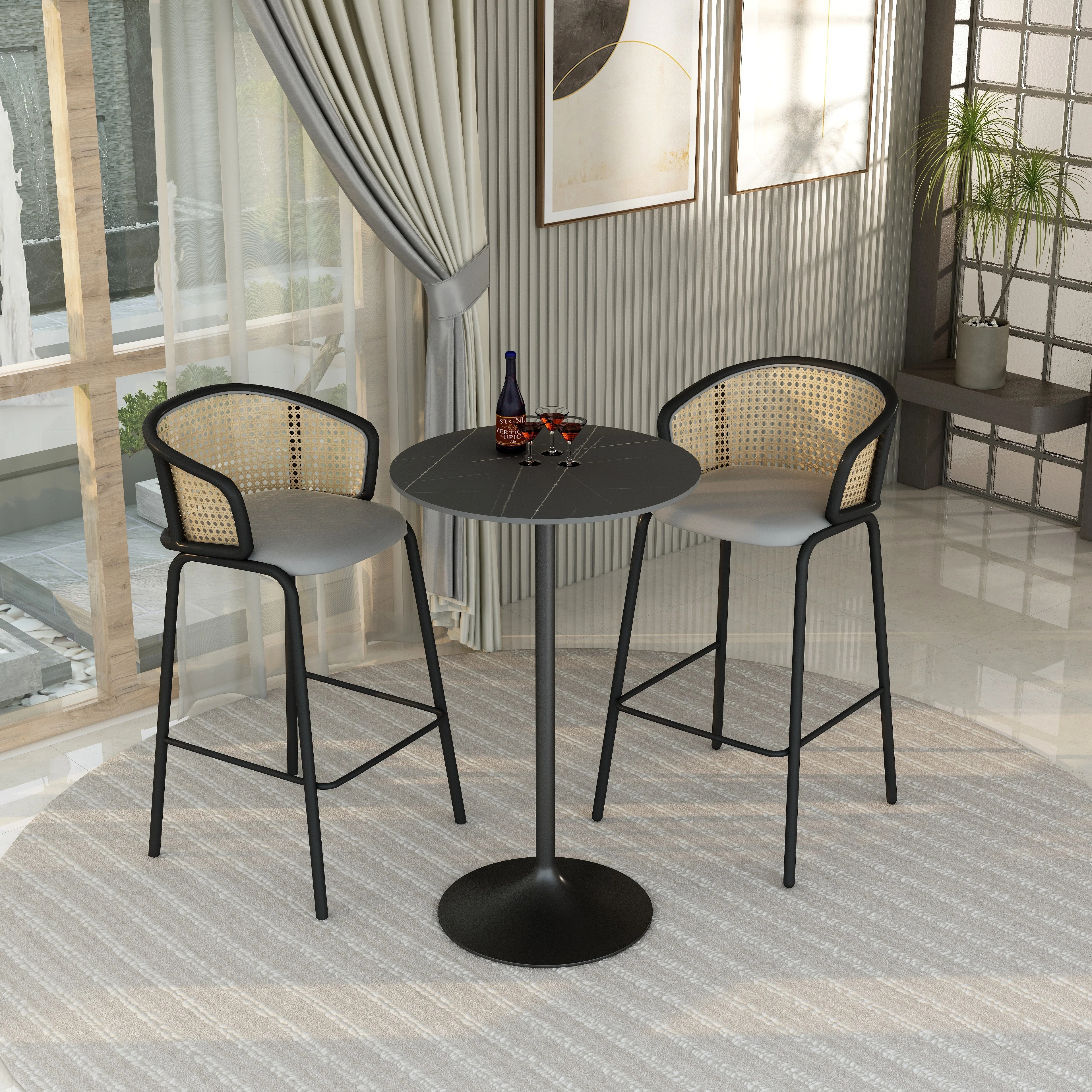 Verve Collection Modern Bar Height Table Black Base with 27" Round Black Marbelized Sintered Stone Top