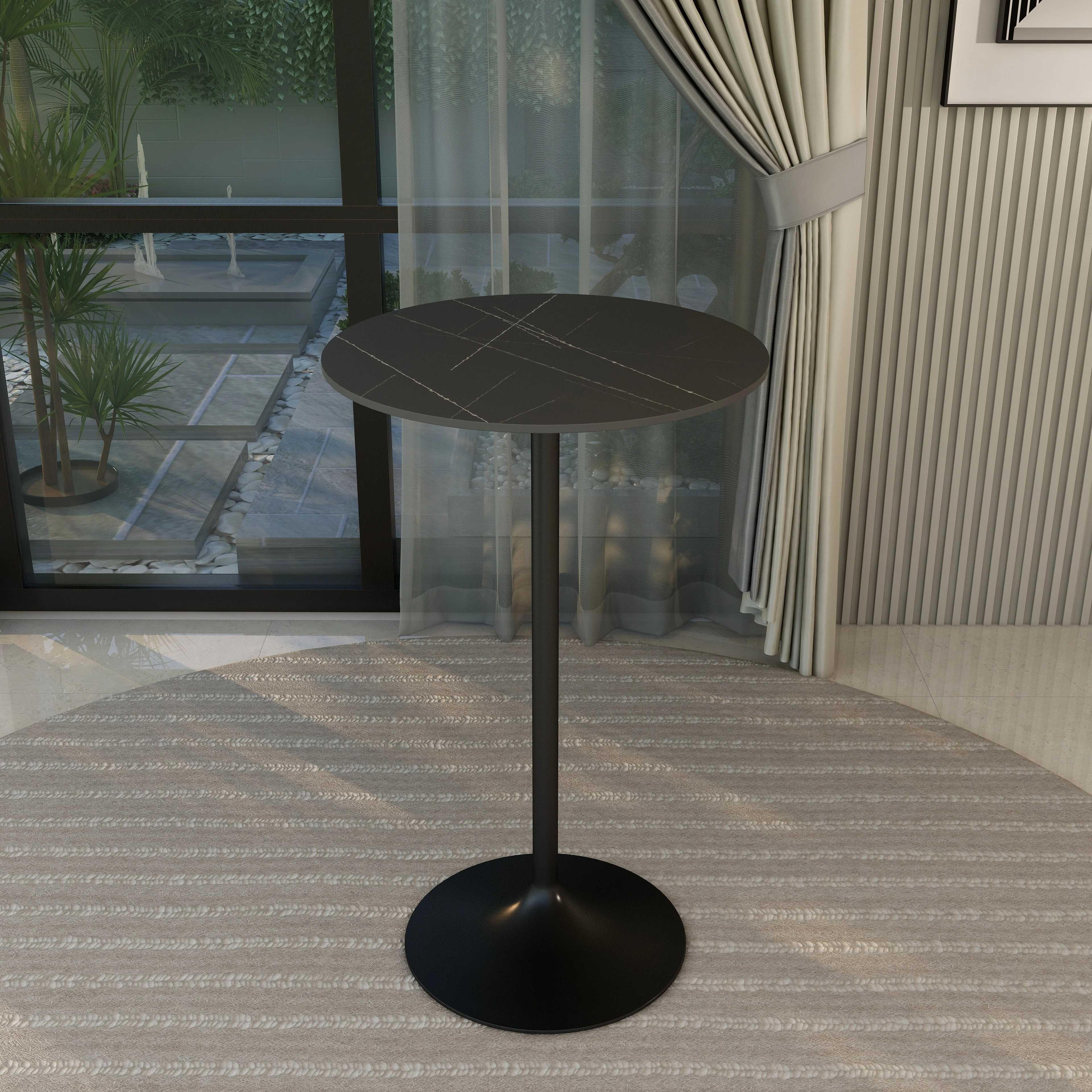Verve Collection Modern Bar Height Table Black Base with 27" Round Black Marbelized Sintered Stone Top