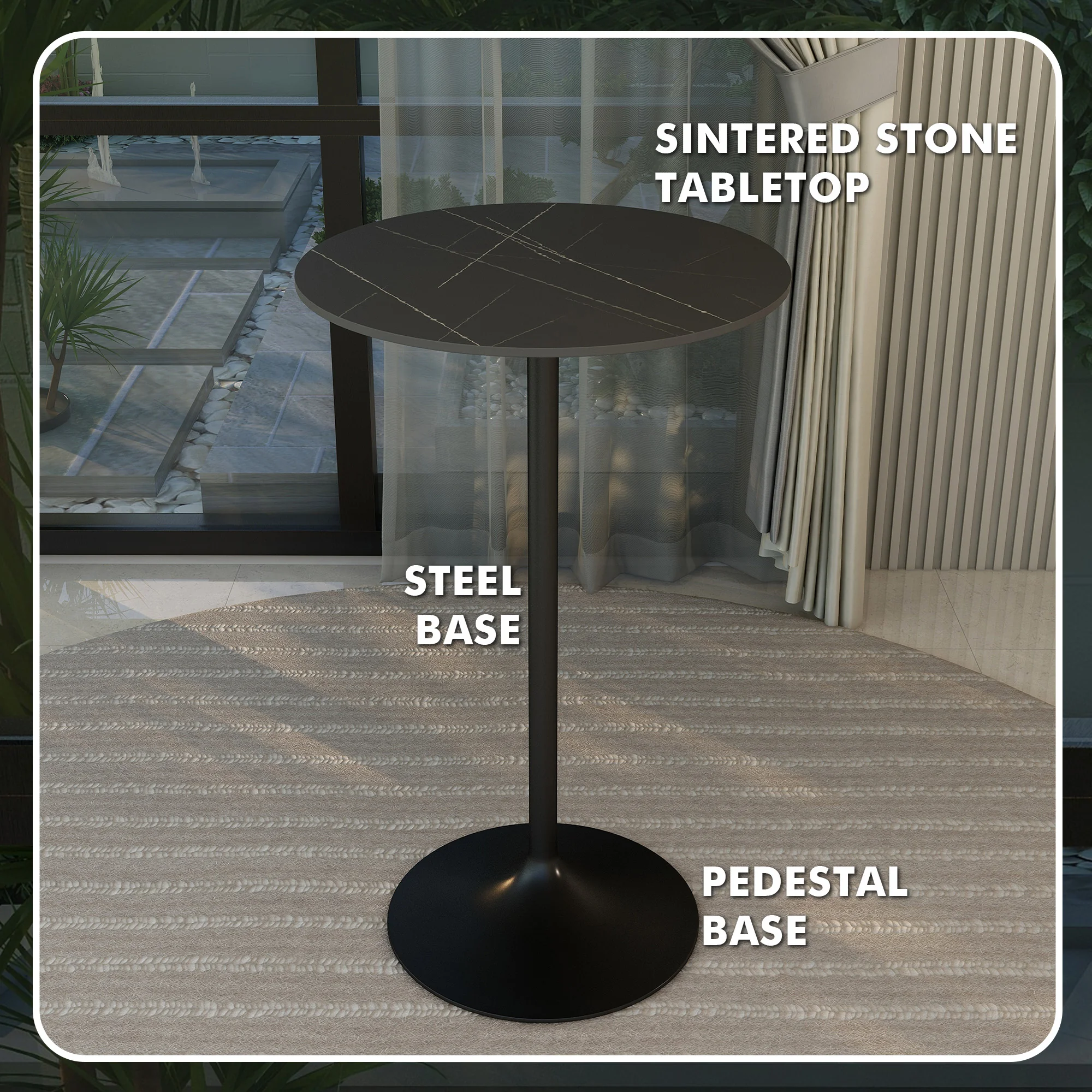 Verve Collection Modern Bar Height Table Black Base with 27" Round Black Marbelized Sintered Stone Top