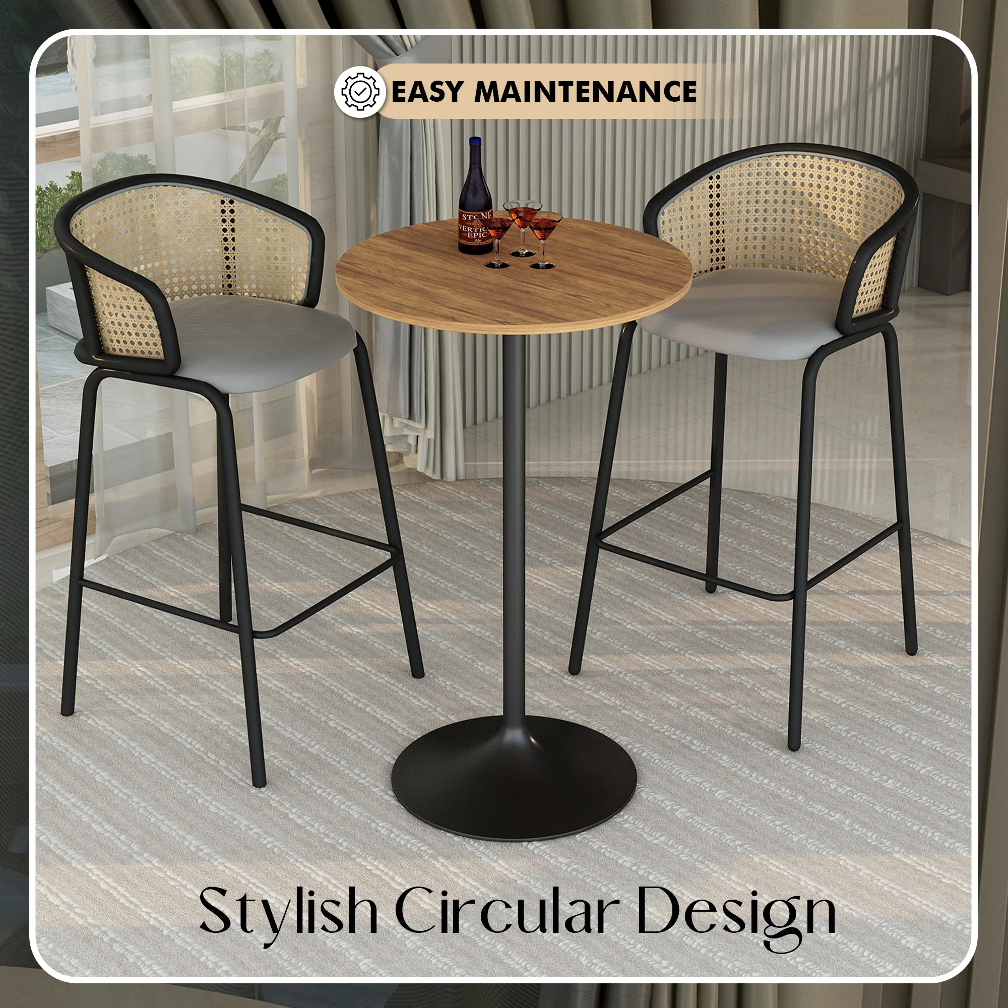 Verve Collection Modern Bar Height Table Black Base with 27" Round Cognac Brown MDF Top