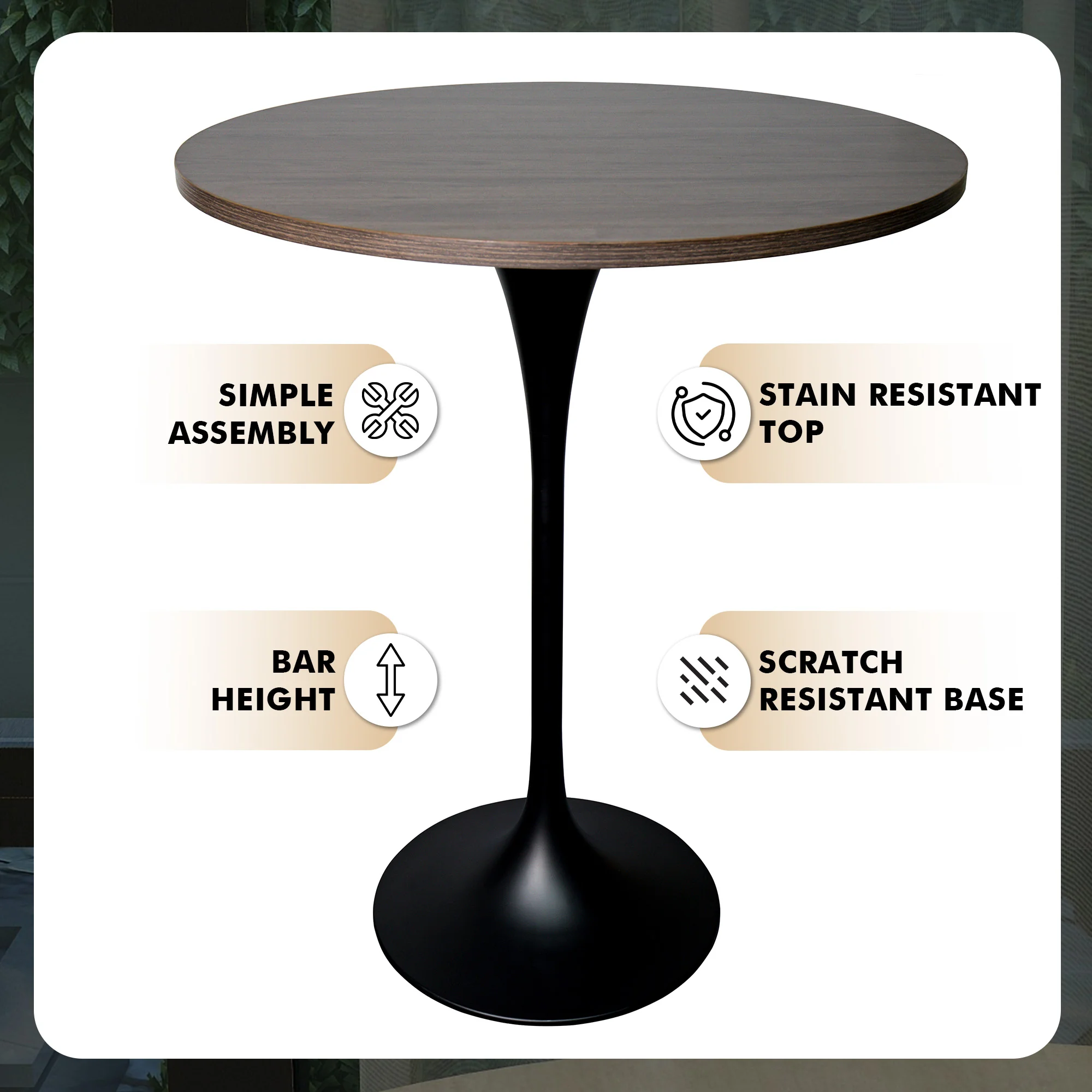Verve Collection Modern Bar Height Table Black Base with 27" Round Dark Walnut MDF Top