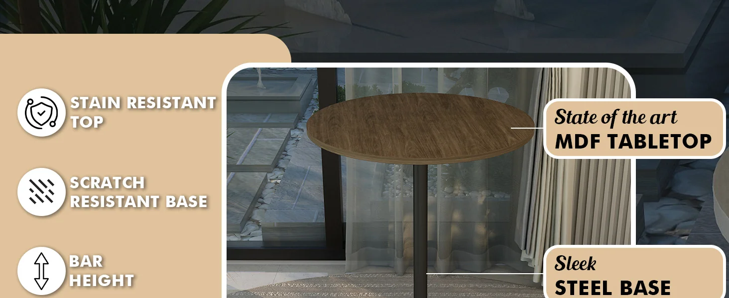 Verve Collection Modern Bar Height Table Black Base with 27" Round Dark Walnut MDF Top