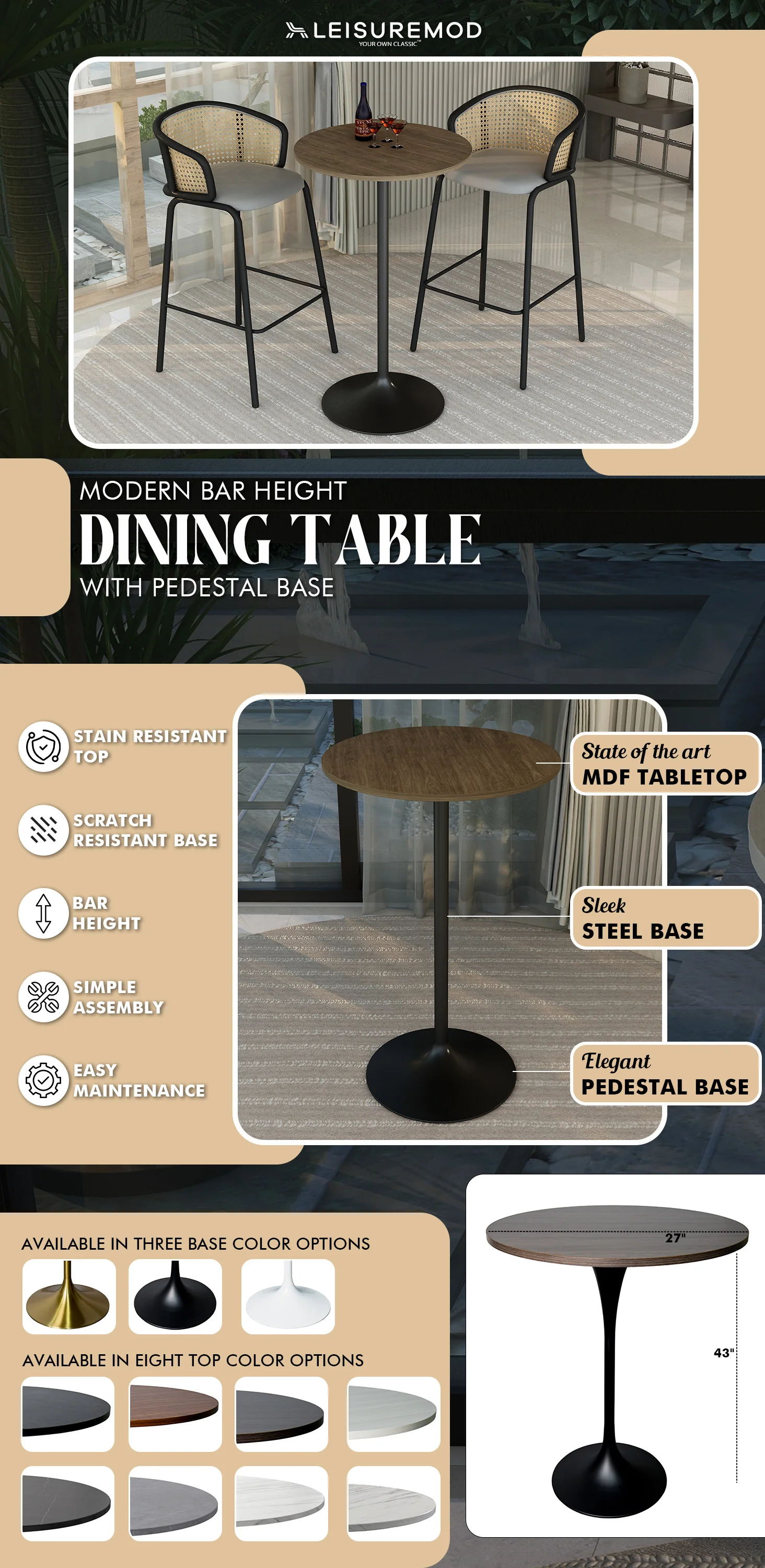 Verve Collection Modern Bar Height Table Black Base with 27" Round Dark Walnut MDF Top