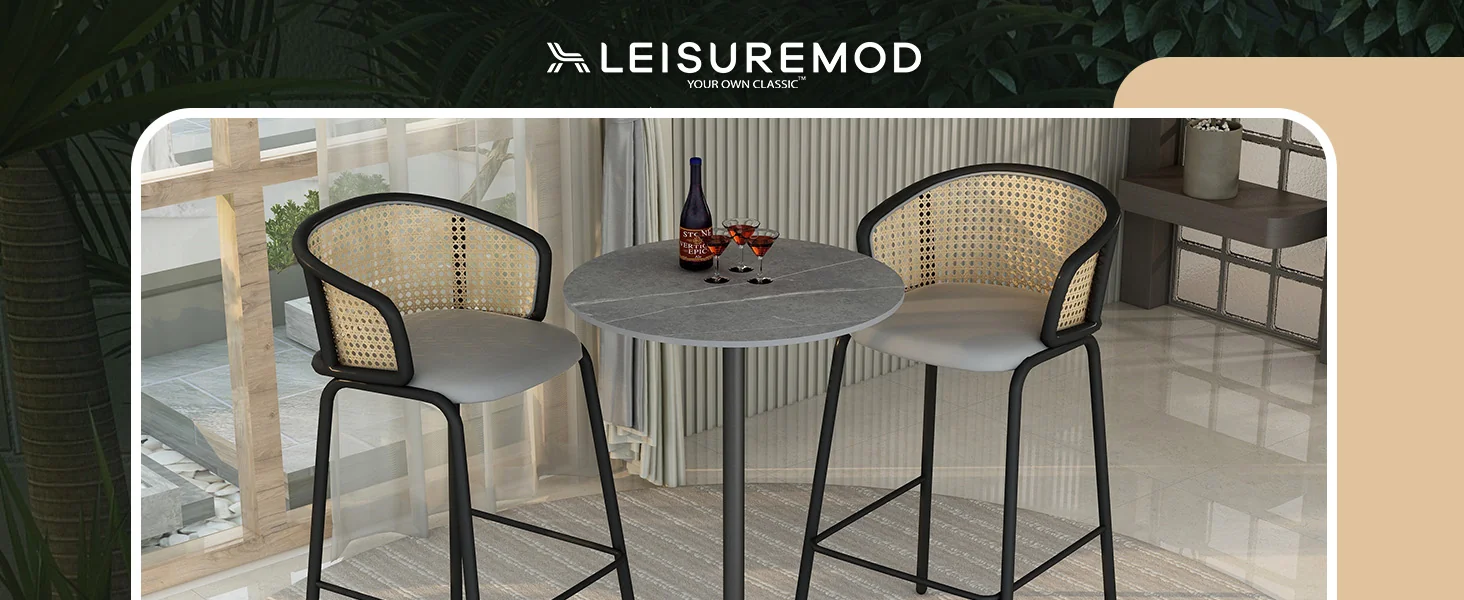 Verve Collection Modern Bar Height Table Black Base with 27" Round Marble Grey Sintered Stone Top