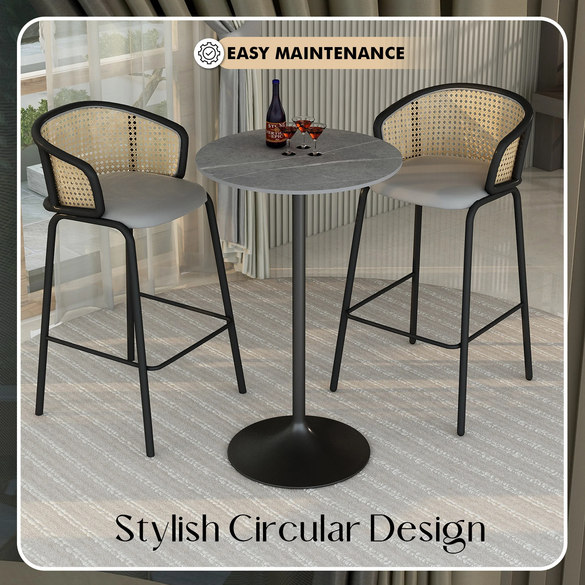 Verve Collection Modern Bar Height Table Black Base with 27" Round Marble Grey Sintered Stone Top