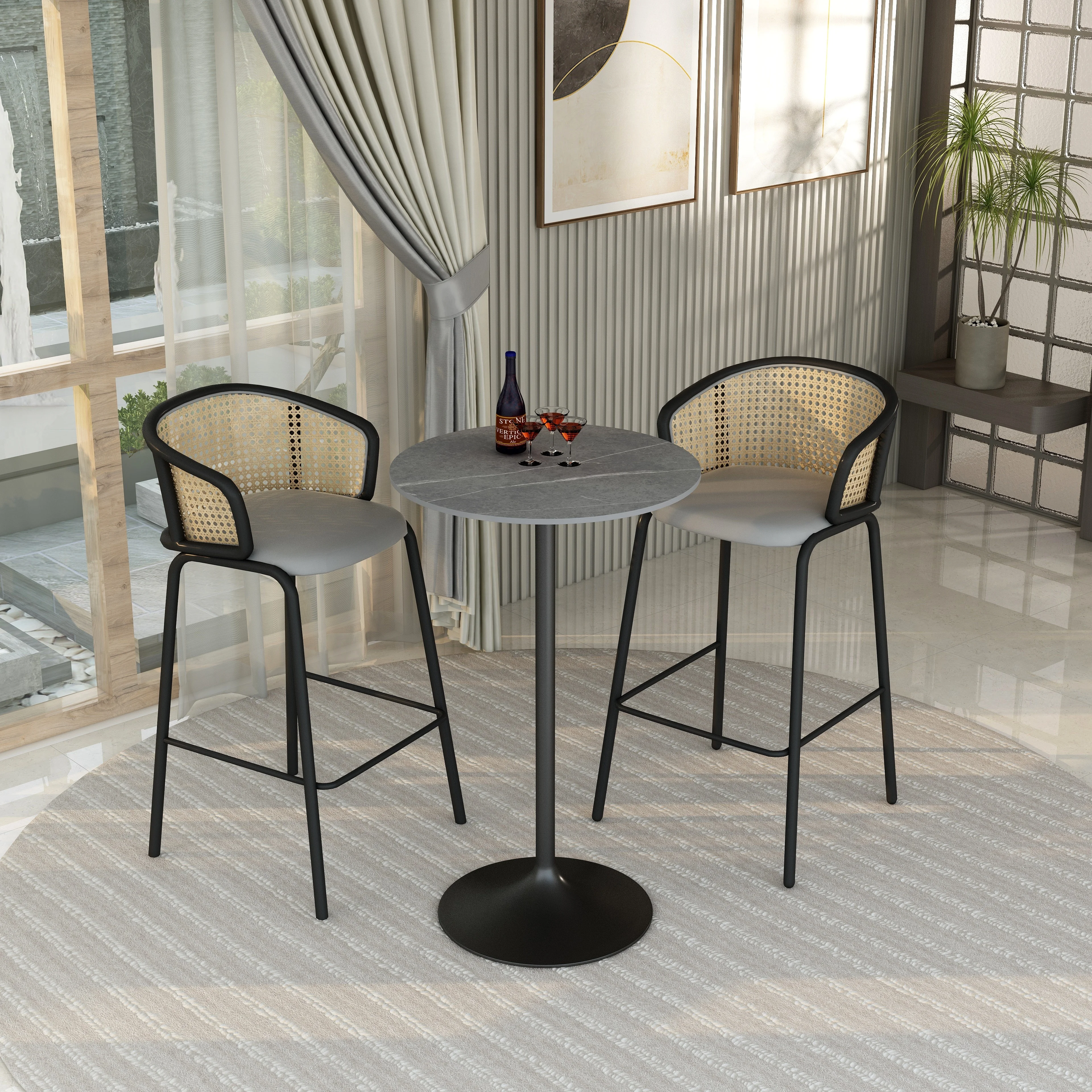 Verve Collection Modern Bar Height Table Black Base with 27" Round Marble Grey Sintered Stone Top