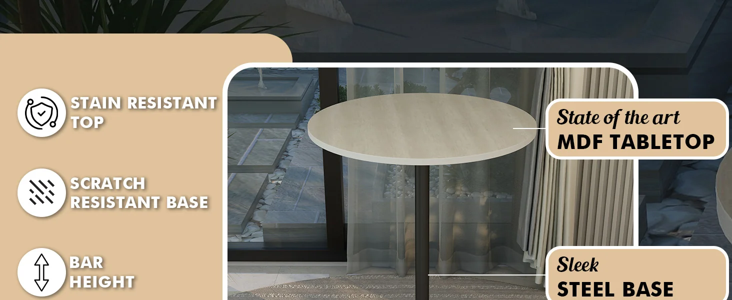 Verve Collection Modern Bar Height Table Black Base with 27" Round Light Natural Wood MDF Top