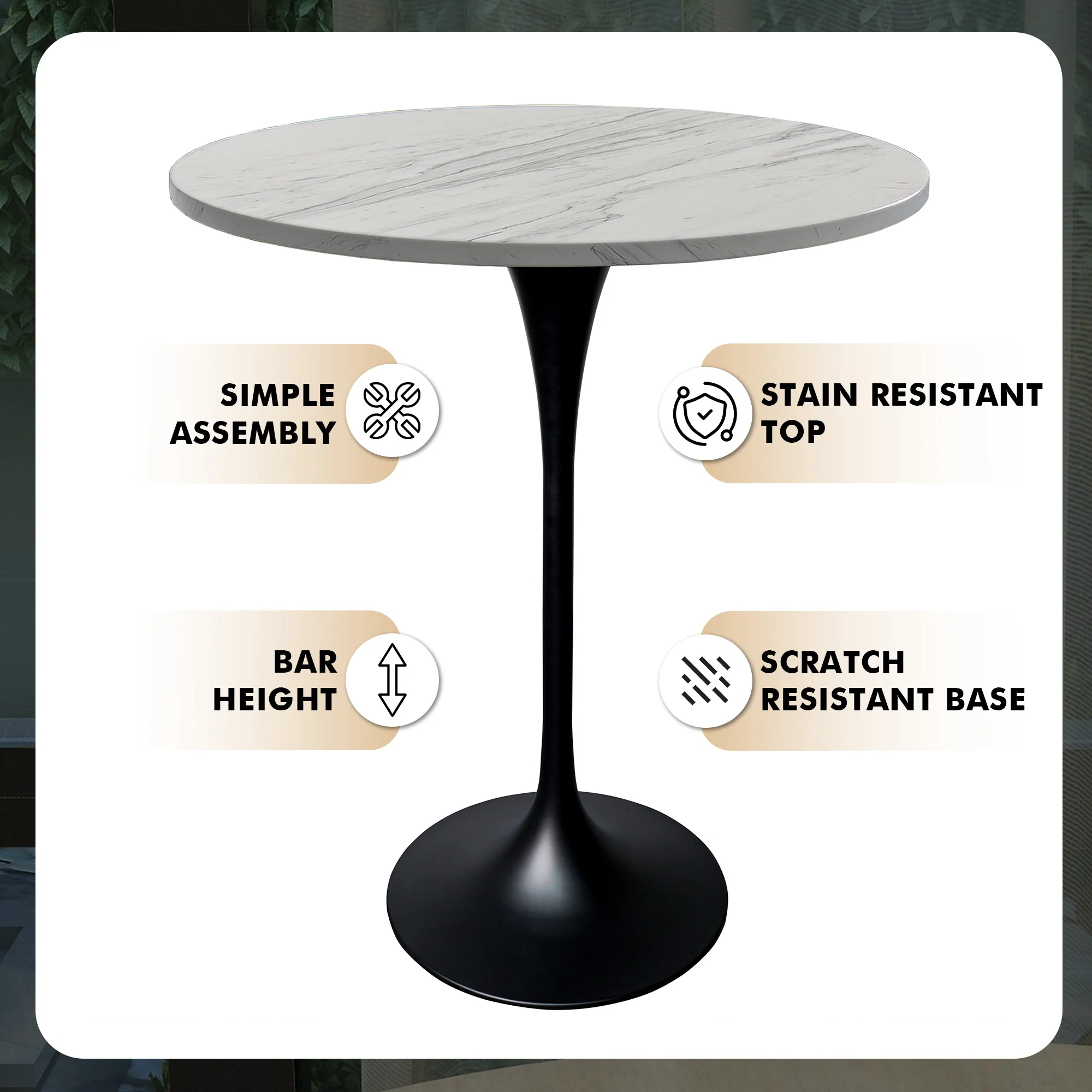 Verve Collection Modern Bar Height Table Black Base with 27" Round Marbleized White Laminated Top