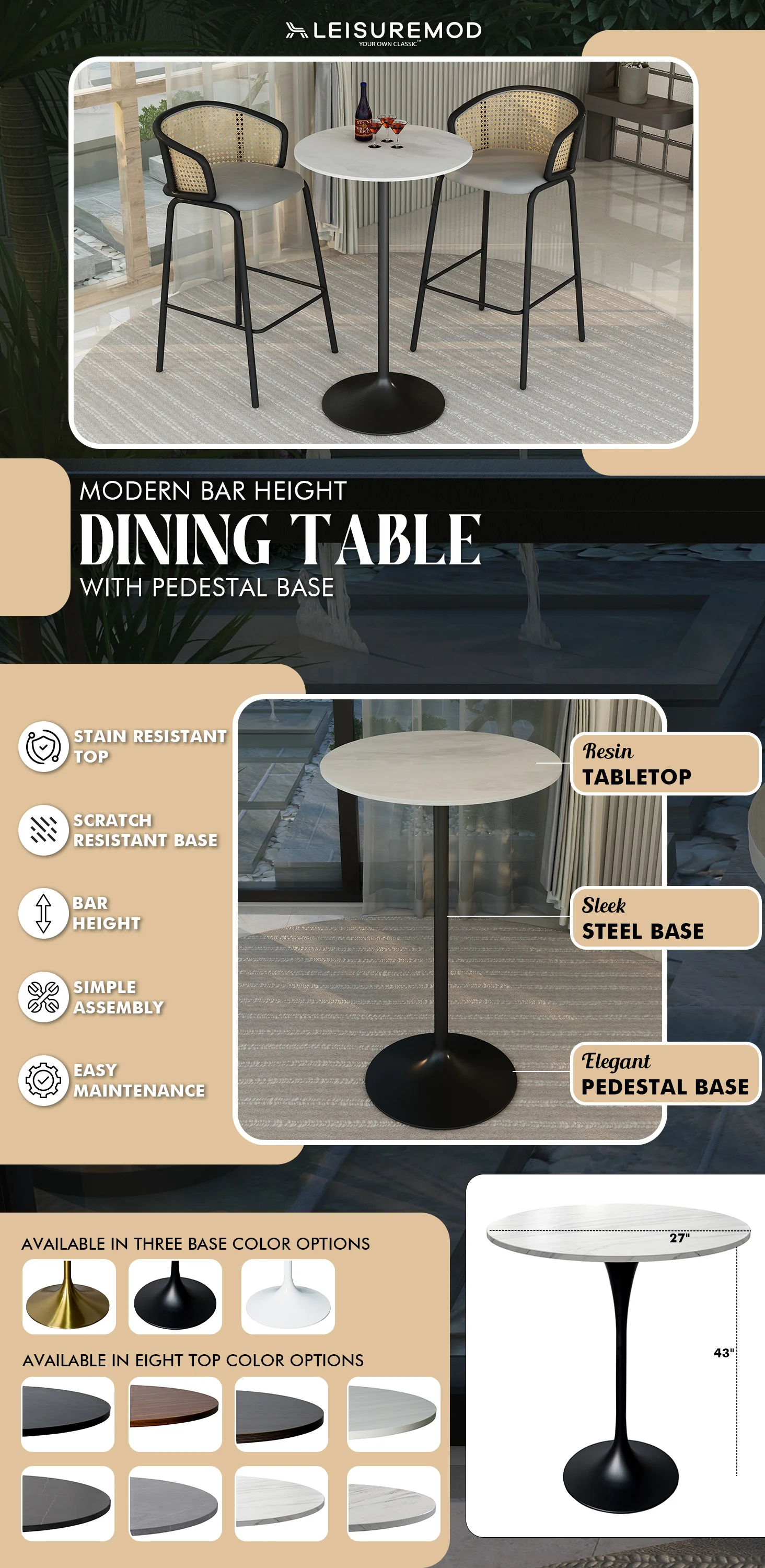 Verve Collection Modern Bar Height Table Black Base with 27" Round Marbleized White Laminated Top